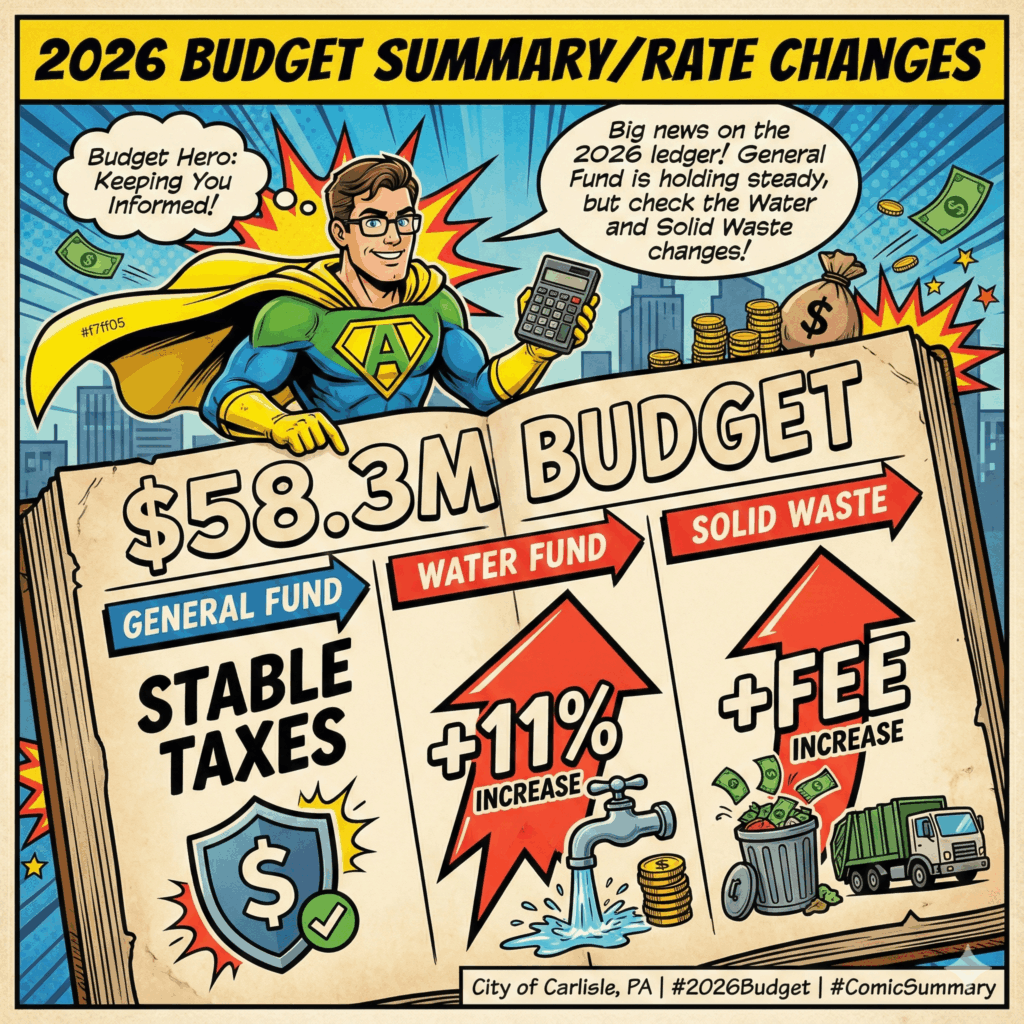 comic style info graphic showing basic facts about the carlisle pennsylvania 2026 budget summary and rate changes