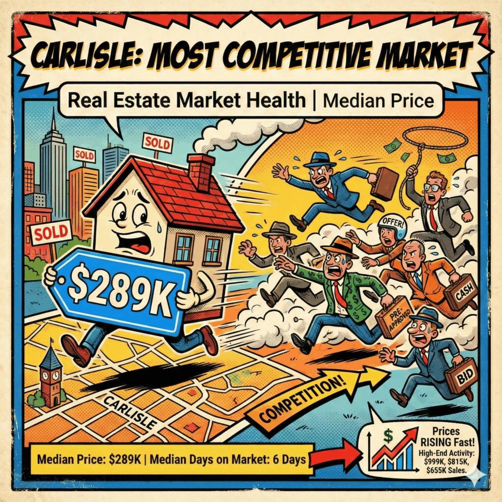 Explainer Graphic Prompts (Comic Book Style, Square 1x1) - A comic panel showing a small, fiercely competitive housing market. House with a price tag of $239K, being chased by multiple cartoon buyers carrying briefcases - The title text should read: "Carlisle-Most Competitive Market" Includes a caption noting "3 point 9 pwercent Annual Price Increase" - Focus: Real Estate Market Health and Median Price - Awesome Carlisle - Carlisle News