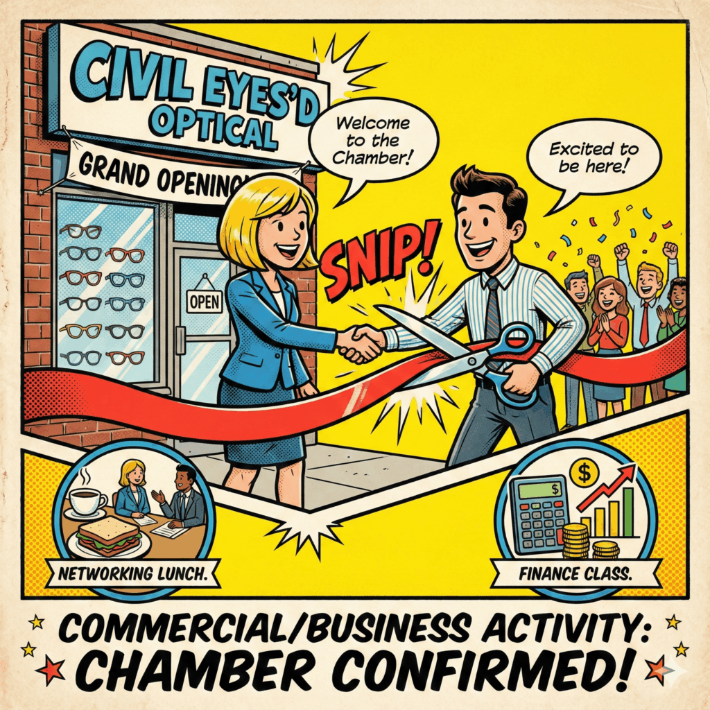 Explainer Graphic Prompts (Comic Book Style, Square 1x1) - A comic strip panel featuring two figures shaking hands and cutting a red ribbon outside a storefront labeled "Civil Eyes'd Optical" Below the image, draw small icons representing a networking lunch and a finance class, confirming Chamber activity - Focus: Commercial/Business Activity - Awesome Carlisle - Carlisle News