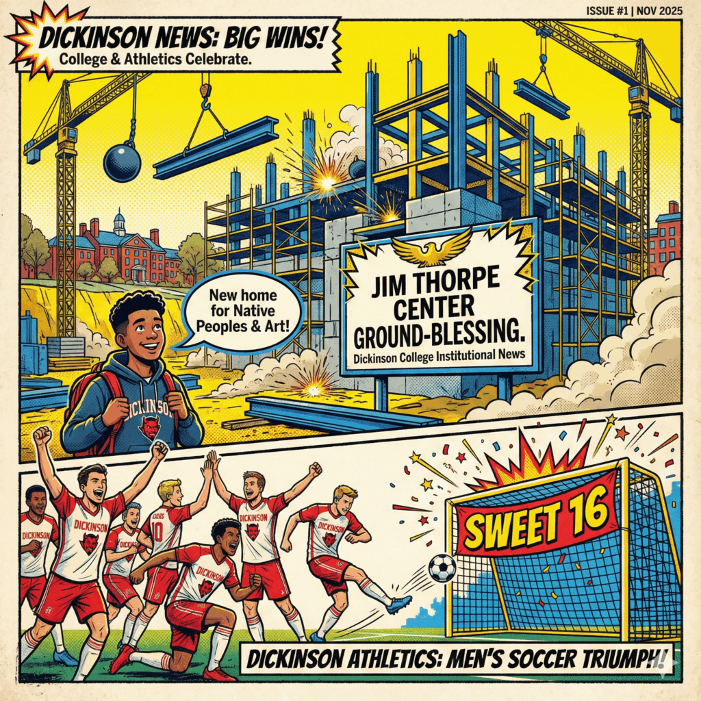 Explainer Graphic Prompts (Comic Book Style, Square 1x1). Prompt: A bold comic book splash page showing a construction site with a sign announcing the "Jim Thorpe Center Ground-Blessing" A small speech bubble from a student says, "New home for Native Peoples & Art" Below the site, draw a tiny, triumphant Dickinson Men's Soccer Team kicking a ball into a goal net labeled "Sweet 16" Focus: Dickinson College Institutional News/Athletics - Awesome Carlisle - Carlisle News