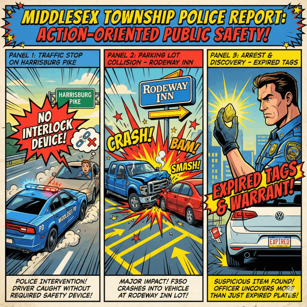Explainer Graphic (Comic Book Style, Square 1x1) of a dramatic comic book montage split into three panels that represent recent law enforcement activity in Middlesex Township - Panel 1 (Left - Traffic Stop) is a police car (blue) pulling over a civilian vehicle on the Harrisburg Pike. A large warning icon  is hovering over the driver, labeled "NO INTERLOCK DEVICE" - Panel 2 (Center - Parking Lot Incident) is a scene showing a blue Ford F350 truck cartoonishly crumpled after hitting another car in a parking lot - The background includes a stylized sign reading "Rodeway Inn" - Panel 3 (Right - Arrest) is a close-up profile view of a police officer holding up a small, suspicious item (the suspected crack cocaine) next to a white Volkswagen. A bold comic text banner across this panel reads: "EXPIRED TAGS & WARRANT" - Overall Theme/Vibe is Action-oriented public safety reporting - Awesome Carlisle - Carlisle News