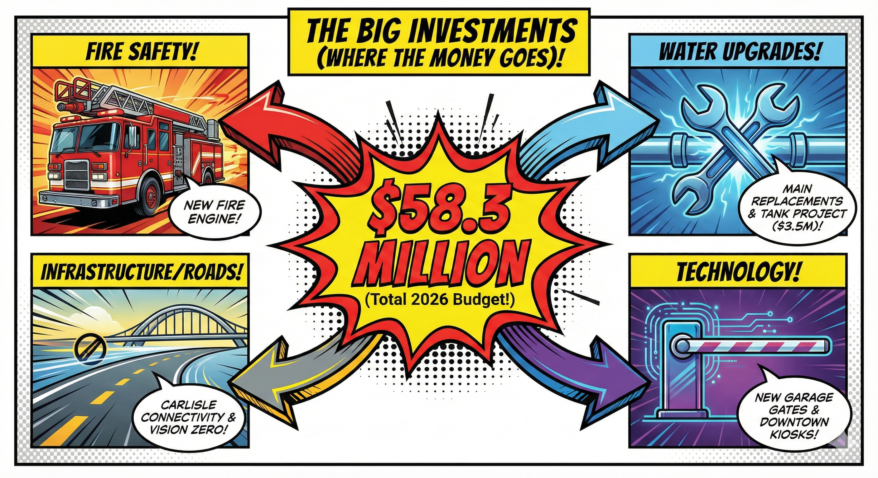 Info Graphic of The Big Investments for 2026 for Carlisle's 2026 Budget Unveiled: What Residents Need to Know About Rates, Roads, and Fire Safety | Carlisle Borough 2026 Budget Hearing Meeting on November 17, 2025 - Awesome Carlisle!