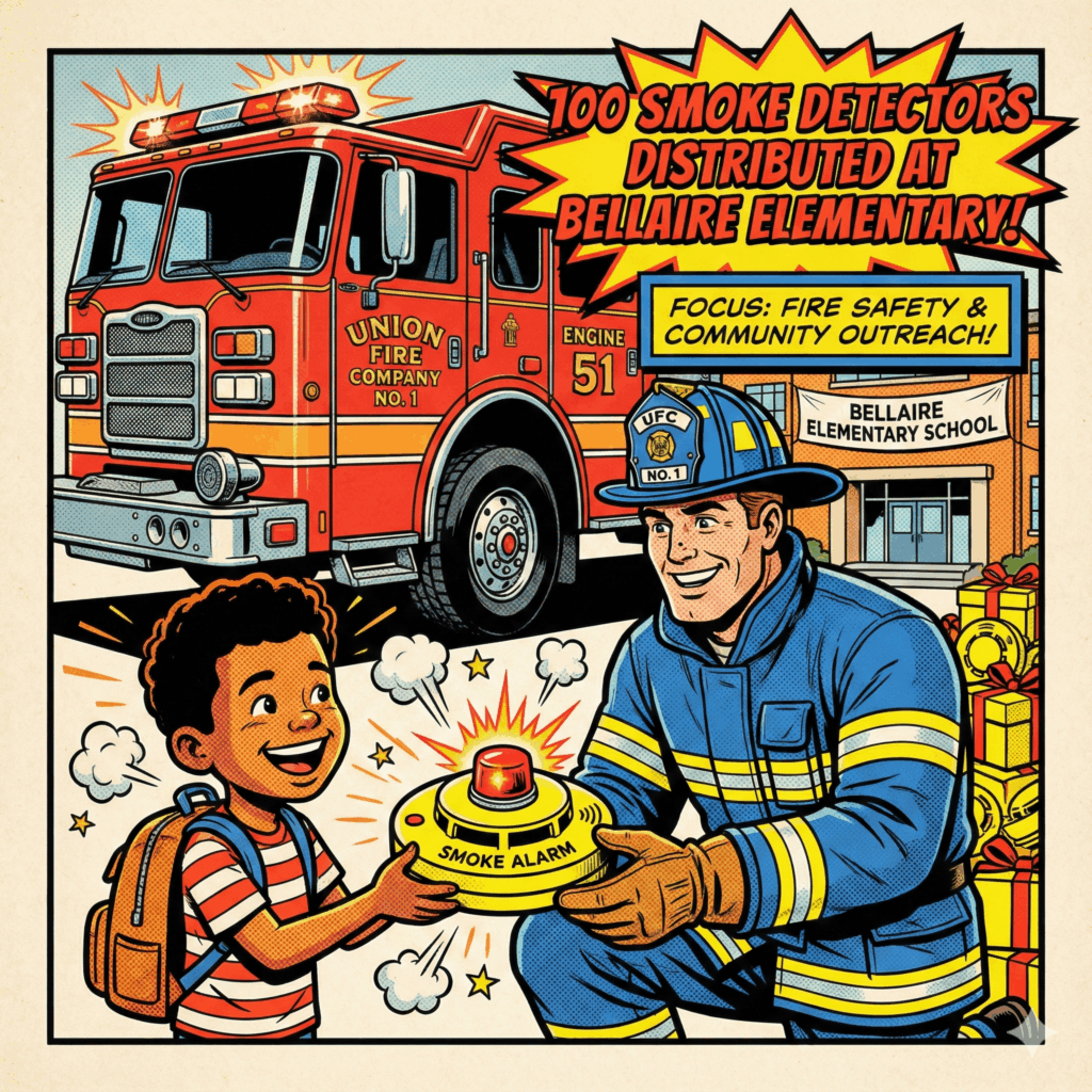 Explainer Graphic (Comic Book Style, Square 1x1) - A dramatic panel showing a fire truck with Union Fire Company. A friendly firefighter is handing a bright yellow smoke detector to an elementary student -  Text overlay that states: "100 Smoke Detectors Distributed at Bellaire Elementary" Focus: Fire Safety and Community Outreach - Awesome Carlisle - Carlisle News