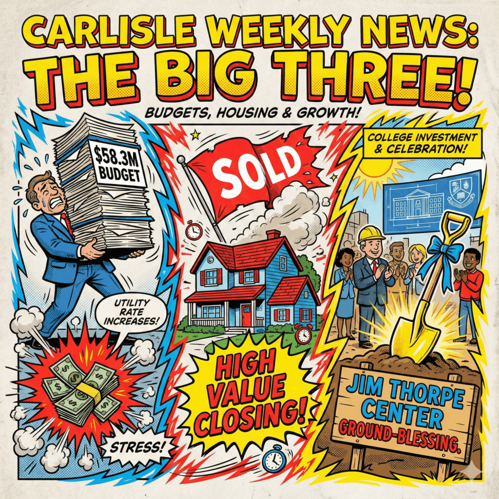 Main Blog Article Image (H1/Featured Image - Comic Book Style, Square 1x1) - A square, dynamic comic book splash page summarizing the three biggest events in Carlisle last week - The scene is a triptych (three-part image) connected by visual energy lines, creating a sense of rapid movement - Panel 1 (Left - Budget) is a stressed cartoon Borough leader wearing a blue suit is balancing a massive stack of papers labeled "$58.3M Budget" while a smaller, separate pile of cash explodes outward symbolizing the utility rate increases - Panel 2 (Center - Real Estate) is a suburban house with a huge, competitive red "SOLD" banner flapping wildly, emphasizing speed, with a small comic text bubble saying, "HIGH VALUE CLOSING" - Panel 3 (Right - College Investment) is a celebratory scene around a construction zone where a gold/yellow shovel is used for a "Ground-Blessing," with a sign clearly visible reading "Jim Thorpe Center" - The overall feeling is busy, important, and high-impact - Awesome Carlisle - Carlisle News