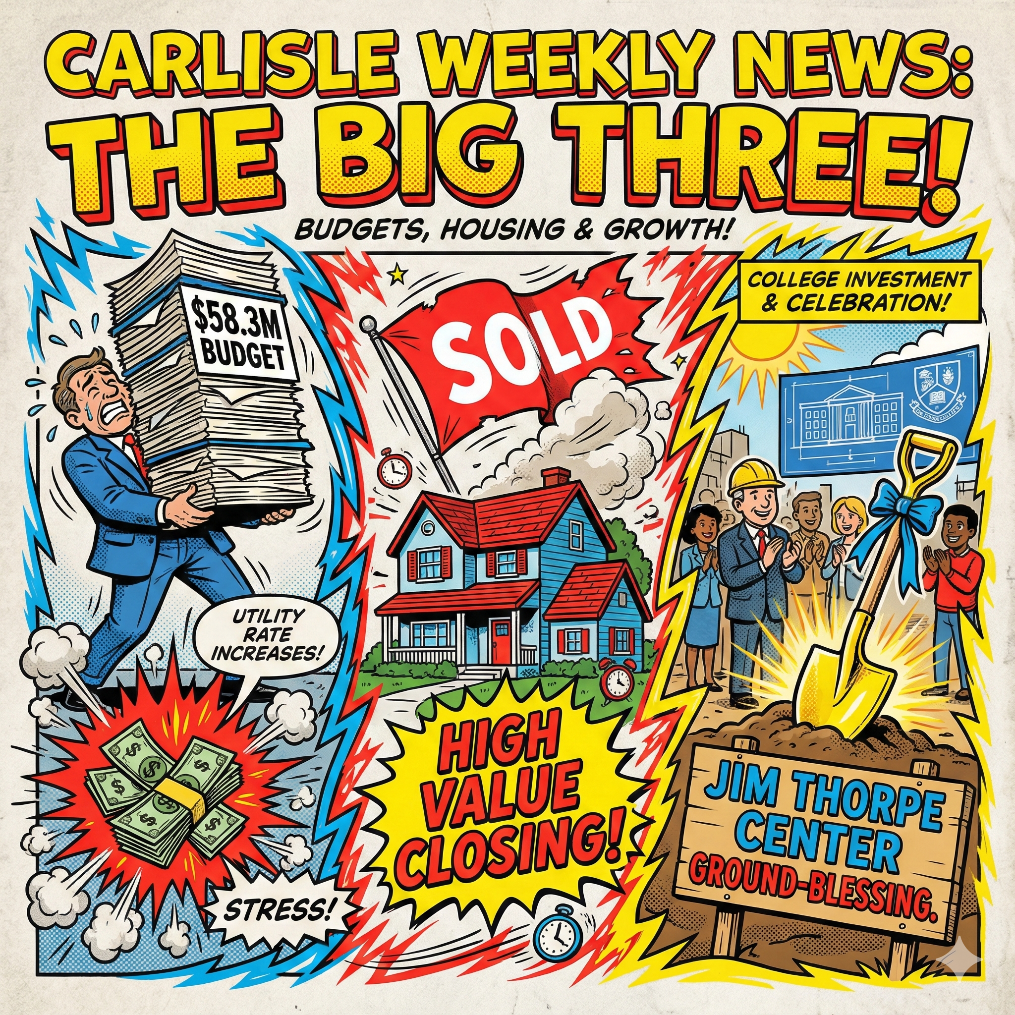 Main Blog Article Image (H1/Featured Image - Comic Book Style, Square 1x1) - A square, dynamic comic book splash page summarizing the three biggest events in Carlisle last week - The scene is a triptych (three-part image) connected by visual energy lines, creating a sense of rapid movement - Panel 1 (Left - Budget) is a stressed cartoon Borough leader wearing a blue suit is balancing a massive stack of papers labeled "$58.3M Budget" while a smaller, separate pile of cash explodes outward symbolizing the utility rate increases - Panel 2 (Center - Real Estate) is a suburban house with a huge, competitive red "SOLD" banner flapping wildly, emphasizing speed, with a small comic text bubble saying, "HIGH VALUE CLOSING" - Panel 3 (Right - College Investment) is a celebratory scene around a construction zone where a gold/yellow shovel is used for a "Ground-Blessing," with a sign clearly visible reading "Jim Thorpe Center" - The overall feeling is busy, important, and high-impact - Awesome Carlisle - Carlisle News