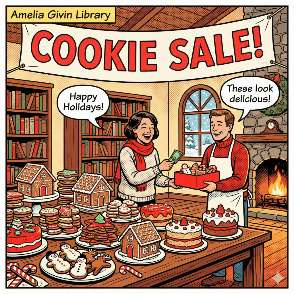 Section image for Mount Holly Springs, PA - Neighborhood Celebrations of a cozy interior scene at the Amelia Givin Library. A table is overflowing with stacks of home-baked goods, including decorated holiday cookies and cakes. A large banner reads "Cookie Sale!" Two cheerful community members are exchanging money for a box of treats - Awesome Carlisle! - Carlisle, PA News - Carlisle News