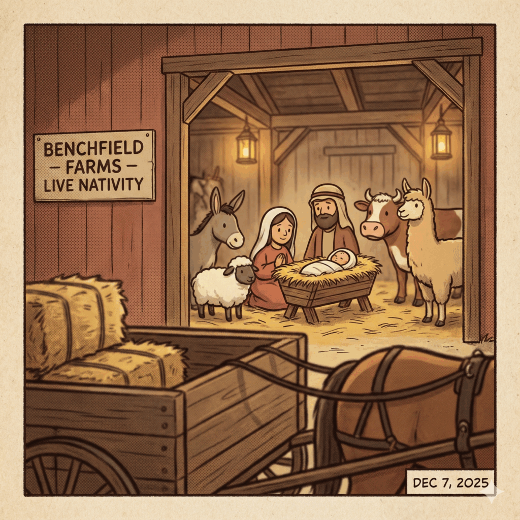 Section image for Newville, PA - Traditional Farm Fun of a rustic, warm-toned cartoon of a live animal Nativity scene set up inside a barn or stable at Benchfield Farms. Animals (donkeys, sheep) stand near the manger. The scene is slightly blurred in the background as if viewed from a slow-moving horse-drawn wagon - Awesome Carlisle! - Carlisle, PA News - Carlisle News