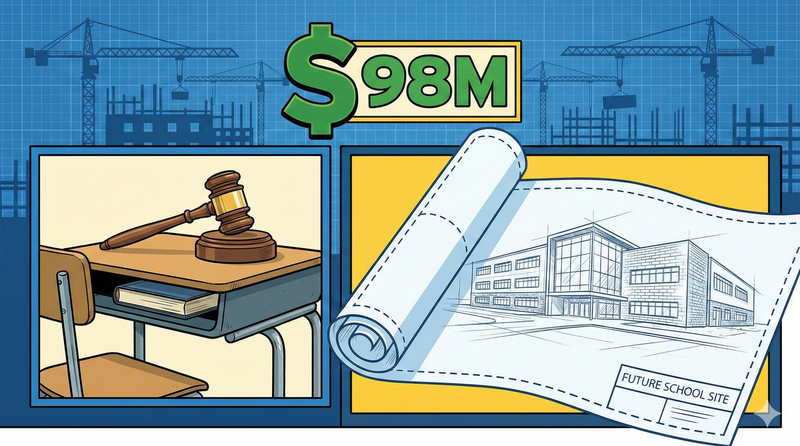 Section image for School Board Moves Forward with $98 Million Plan - Image is of a split-screen comic panel. On one side, a gavel resting on a school desk. On the other side, a rolled-up blueprint unfurling to reveal a sketch of a modern school building. Floating above is a bold green dollar sign and the text "$98M". Construction cranes visible in the distance. Clean lines, architectural style, blueprint blue and yellow colors - Awesome Carlisle - Carlisle News - Carlisle PA News