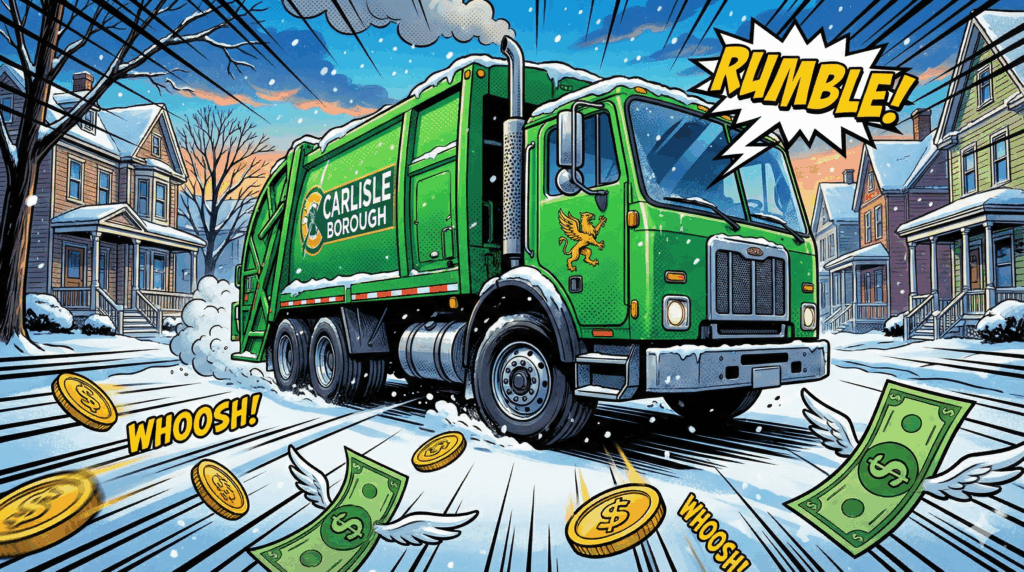 Section Image for Major Changes Coming to Trash and Recycling Services - image is of a dynamic low-angle shot of a large, bright green garbage truck rumbling down a snowy street. The truck has a "Carlisle Borough" logo on the door. In the foreground, stylized coins and dollar bills are flying away like birds to symbolize rising costs. Action lines surrounding the truck to show movement. Comic book style, saturated colors, thick outlines - Awesome Carlisle - Carlisle News - Carlisle PA News