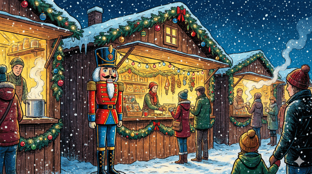 Section image for Holiday Spirit Alive at Markets and Strolls - Image is of a whimsical, magical winter scene. A wooden German market stall adorned with pine branches and lights. In the foreground, a colorful, tall Nutcracker soldier stands at attention. Snow is falling heavily. Warm yellow light glows from the market stall against a cool blue winter night. Very colorful, festive, storybook graphic novel style - Awesome Carlisle - Carlisle News - Carlisle PA News