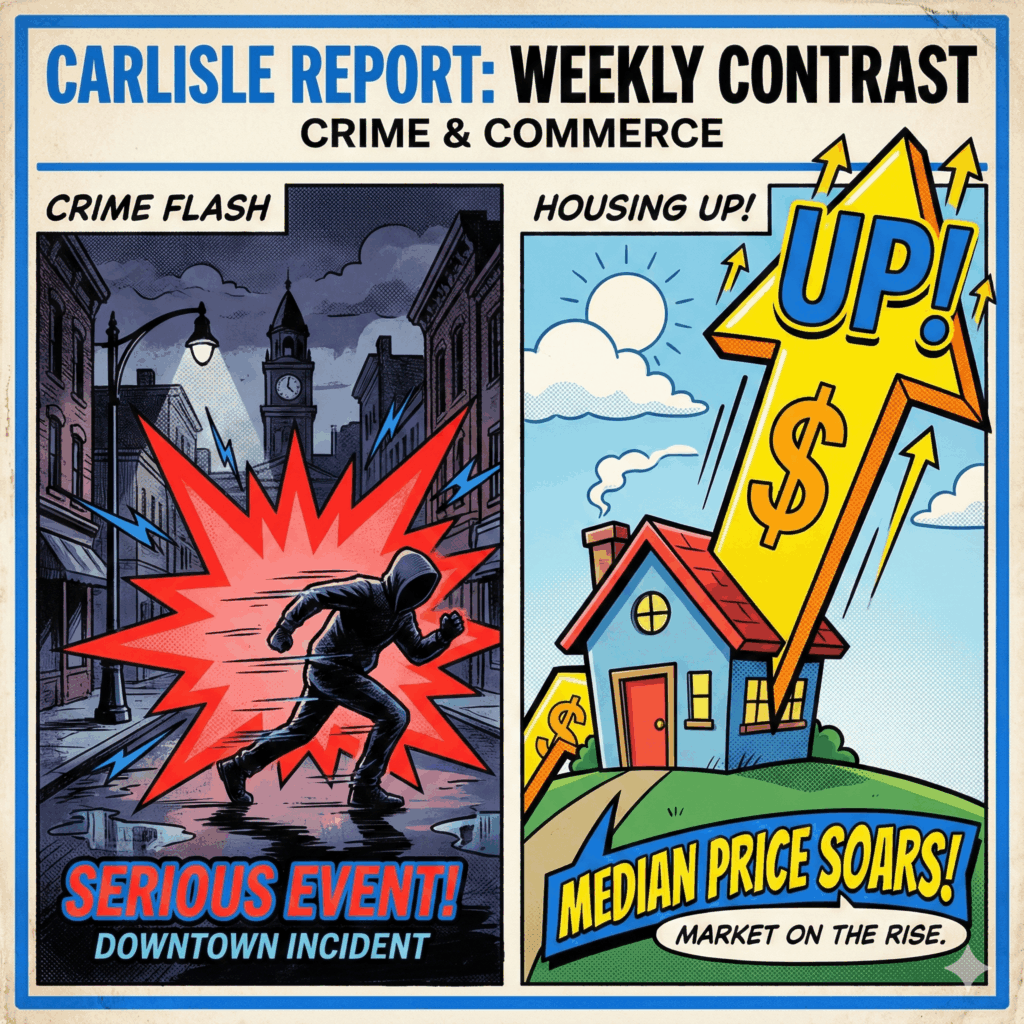Main Article image of a split panel design illustrating the two main themes of the week. The left panel shows a serious event: a stylized downtown street corner at night with a fast-moving figure. The right panel features a simple, cartoon house with a massive, exaggerated arrow pointing sharply upward, symbolizing the rising median price - Awesome Carlisle - Carlisle News - Last Week in Carlisle November 24-30, 2025