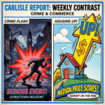 Main Article image of a split panel design illustrating the two main themes of the week. The left panel shows a serious event: a stylized downtown street corner at night with a fast-moving figure. The right panel features a simple, cartoon house with a massive, exaggerated arrow pointing sharply upward, symbolizing the rising median price - Awesome Carlisle - Carlisle News - Last Week in Carlisle November 24-30, 2025