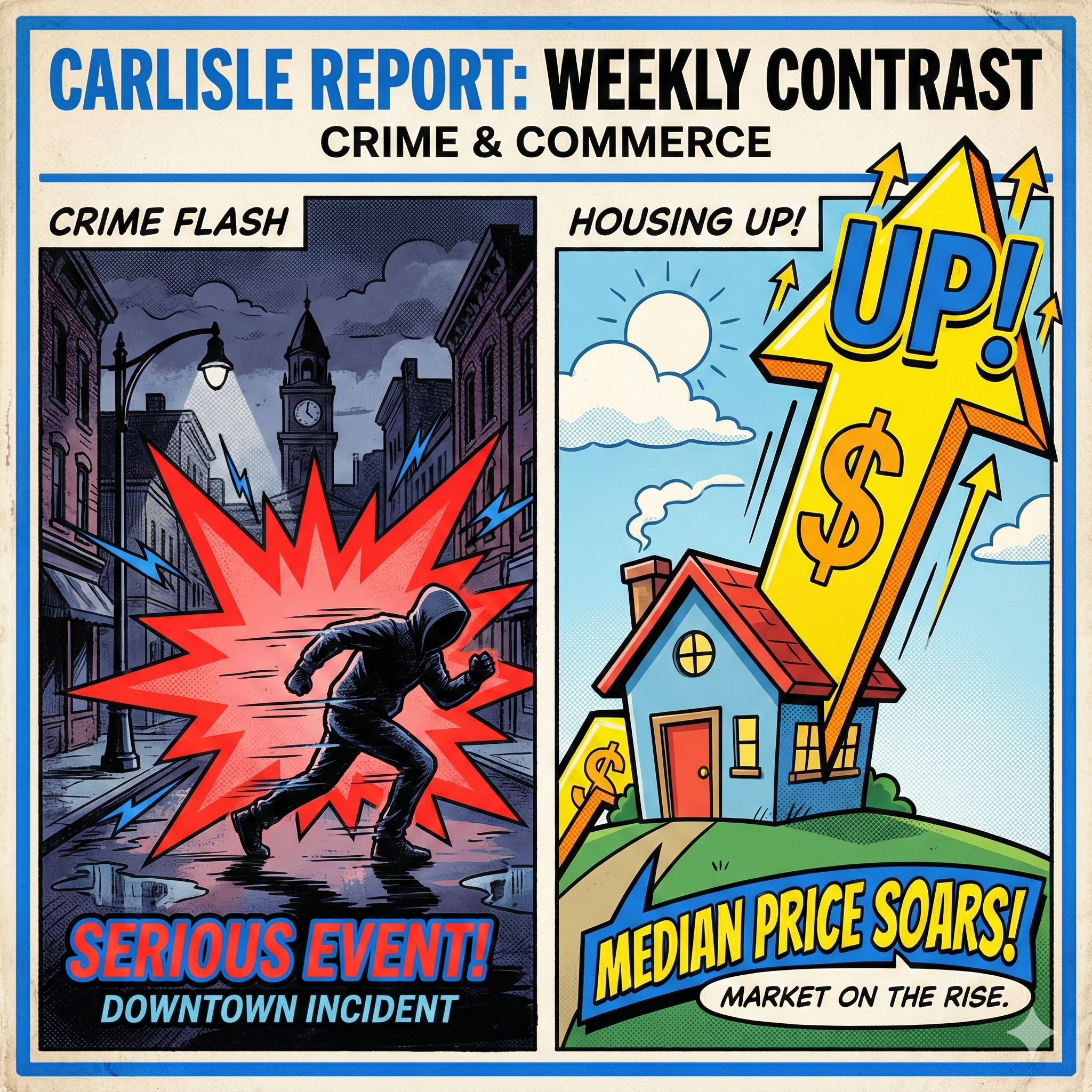 Main Article image of a split panel design illustrating the two main themes of the week. The left panel shows a serious event: a stylized downtown street corner at night with a fast-moving figure. The right panel features a simple, cartoon house with a massive, exaggerated arrow pointing sharply upward, symbolizing the rising median price - Awesome Carlisle - Carlisle News - Last Week in Carlisle November 24-30, 2025