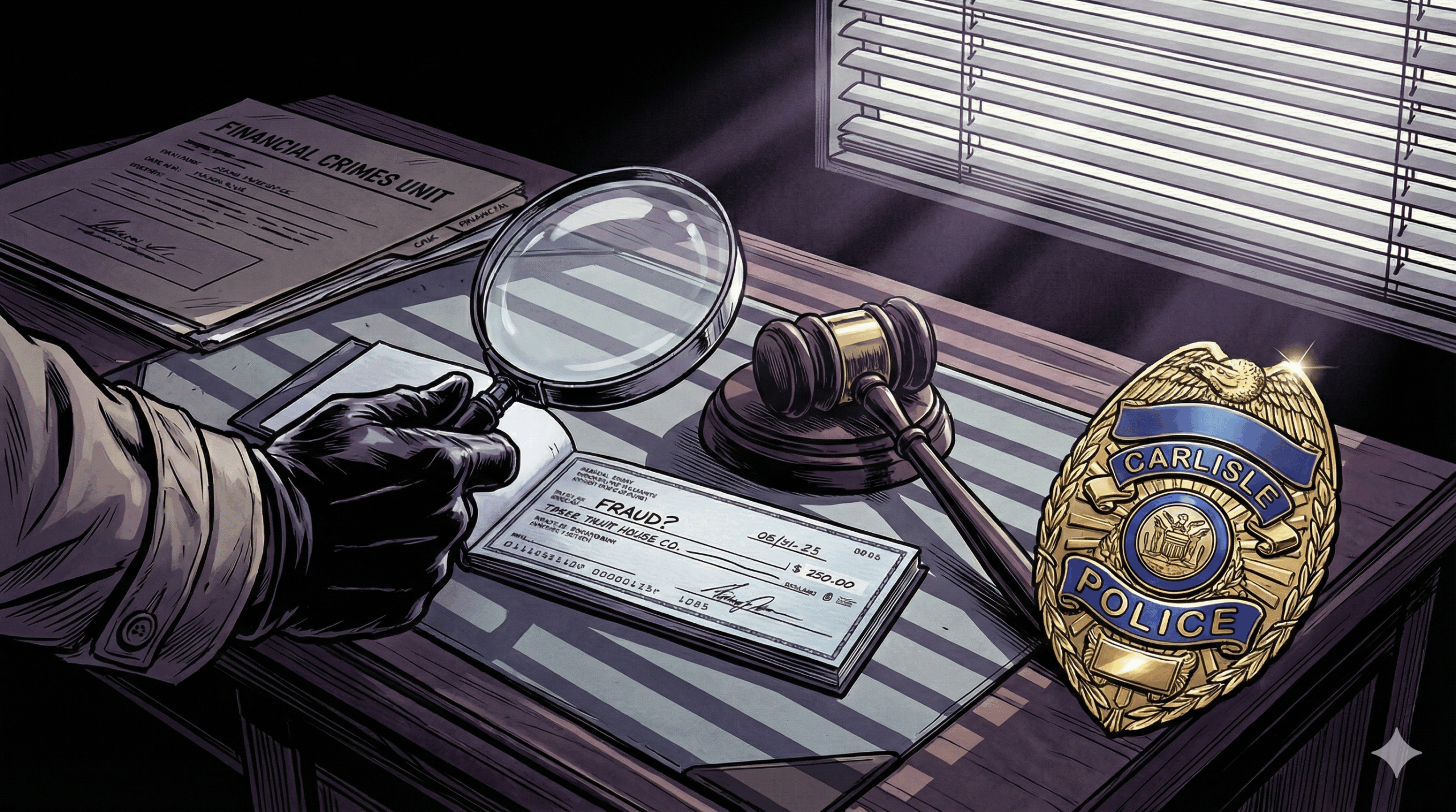 Section image for Carlisle Police Focus on Financial Crimes - Image is of a detective-noir style panel. A gloved hand holding a magnifying glass over a checkbook and a gavel. A police badge is visible on a table. The lighting is dramatic, casting long shadows (Venetian blind effect). The color palette is darker—purples, blues, and greys—with a pop of gold for the badge. Serious and bold - Awesome Carlisle - Carlisle News - Carlisle PA News