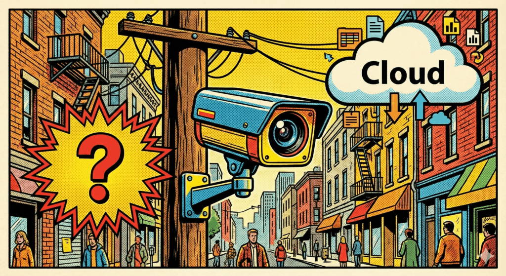 Section image for New Security Cameras and Privacy Concerns of a newspaper comic style illustration of a CCTV security camera mounted on a pole. The camera is looking at a "Cloud" symbol floating in the air. A speech bubble coming from the side contains a large question mark, symbolizing privacy questions - December 11, 2025 Carlisle Borough Council Meeting - Carlisle News - Awesome Carlisle - Carlisle PA News