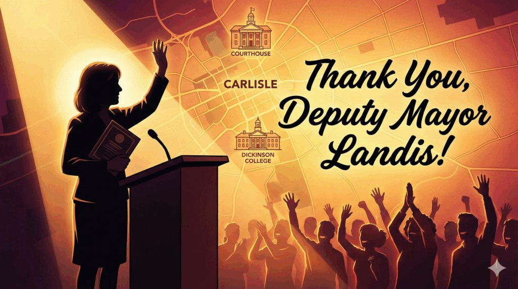Section Image for Saying Goodbye to Deputy Mayor Brenda Landis - image is of a heartwarming hero shot. A silhouette of a woman standing at a podium, waving goodbye to a crowd. She is bathed in a warm, golden spotlight. In her hand, she holds a plaque. The background shows a stylized map of Carlisle. The mood is triumphant and grateful. Golden hour colors, soft but bold shading, graphic novel style - Awesome Carlisle - Carlisle News - Carlisle PA News