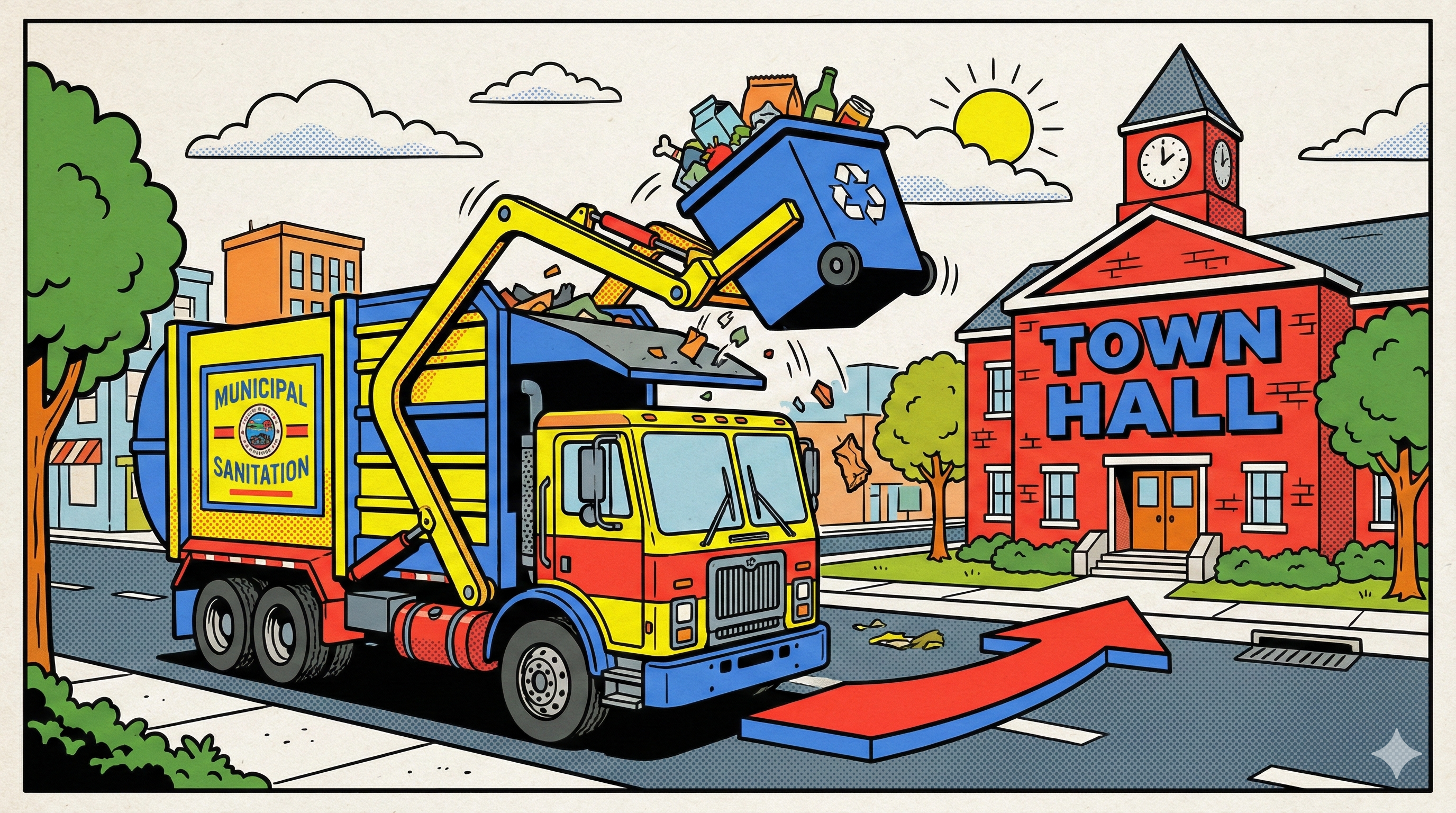 Section image for Big Changes Coming to Our Trash Service of a newspaper comic style illustration of a robust garbage truck lifting a recycling bin. The truck should look municipal and sturdy. An arrow points from the truck to a building labeled "Town Hall" to symbolize "in-house" service - December 11, 2025 Carlisle Borough Council Meeting - Carlisle News - Awesome Carlisle - Carlisle PA News