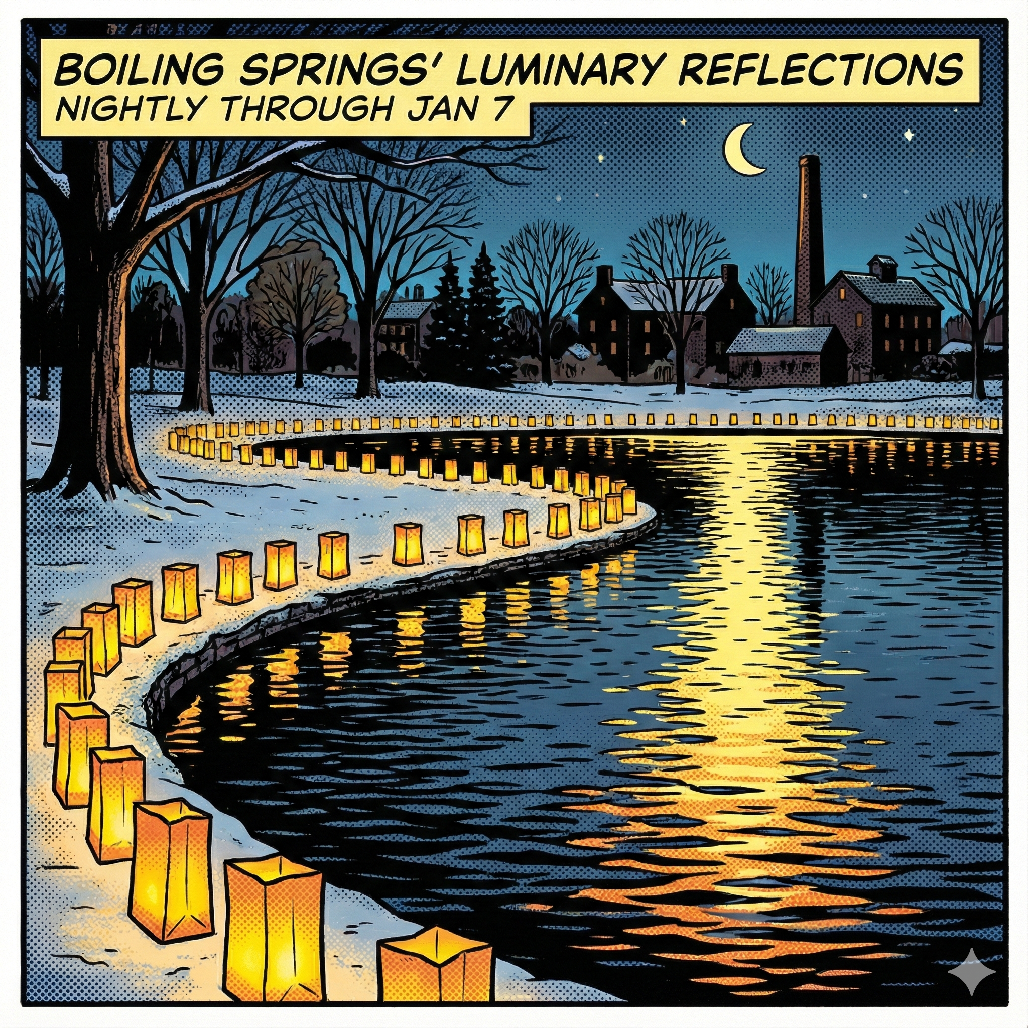 Section image for Boiling Springs, PA - The Charm of Children's Lake of the Children's Lake shoreline. Dozens of small, softly glowing paper bag luminaries line the bank, casting a warm yellow glow onto the dark water, which reflects the lights. Focus on the tranquil atmosphere of the sustained display running continuously through early January - Awesome Carlisle! - Carlisle, PA News - Carlisle News