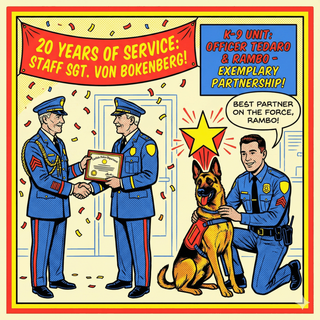 article section image for Honoring Our Heroes: Promotions and Partnership in the Carlisle Police Department of a Newspaper comic style, vintage 1950s look. A celebratory scene honoring the Carlisle Police Department - A dignified comic panel showing two officers being recognized - One officer (Staff Sergeant) is receiving an award and has a banner nearby noting '20 Years of Service.' The second officer (K-9 Handler Joe Tedaro) is kneeling beside his large, highly trained K-9 partner, Rambo (a German Shepherd/Malinois mix). The dog looks focused and exceptional, with a star graphic above its head - Carlisle News - Awesome Carlisl! - Carlisle, PA News