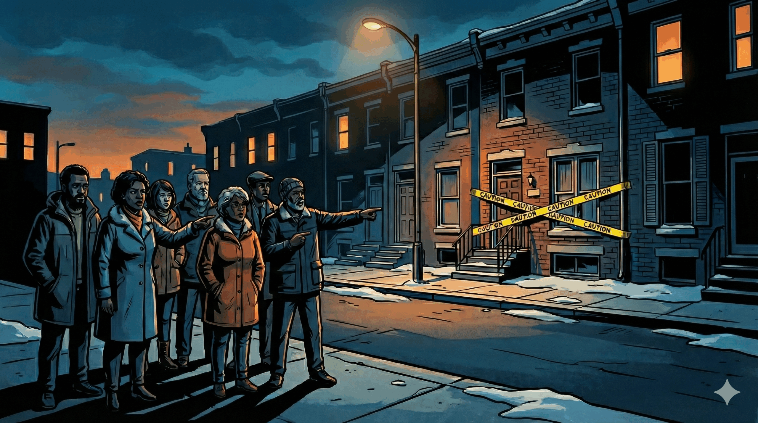 Section Image for Neighbors Speak Out on Franklin Street Fire Safety image is of A dramatic comic book panel showing a group of concerned neighbors standing on a sidewalk, pointing toward a row house in the background that has yellow "CAUTION" tape across the door - Awesome Carlisle - Carlisle News - Carlisle PA News