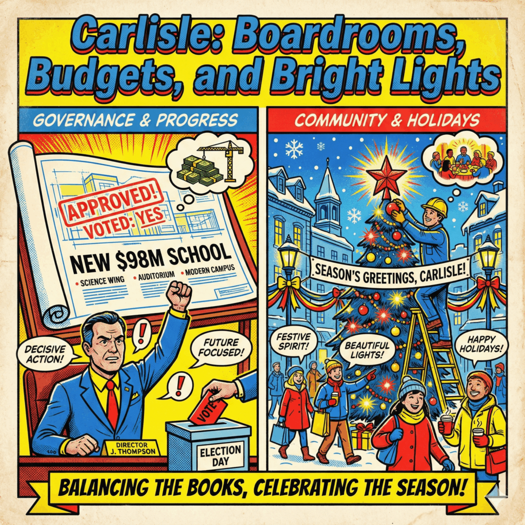 Main article image for Last Week in Carlisle, PA | December 1–7, 2025 | A Week of Change: New Leaders, $98M School Plans, and Holiday Joy of a split scene down the middle. On the left side, show a serious cartoon school director raising a hand to vote next to a giant blueprint labeled "New $98M School." On the right side, illustrate a cheerful, cold Carlisle town square with twinkling red and yellow holiday lights and a municipal worker hanging an ornament. Use a bold, comic-style headline overlaying the image that reads: "Carlisle: Boardrooms, Budgets, and Bright Lights" - Carlisle News - Awesome Carlisle - Carlisle PA News