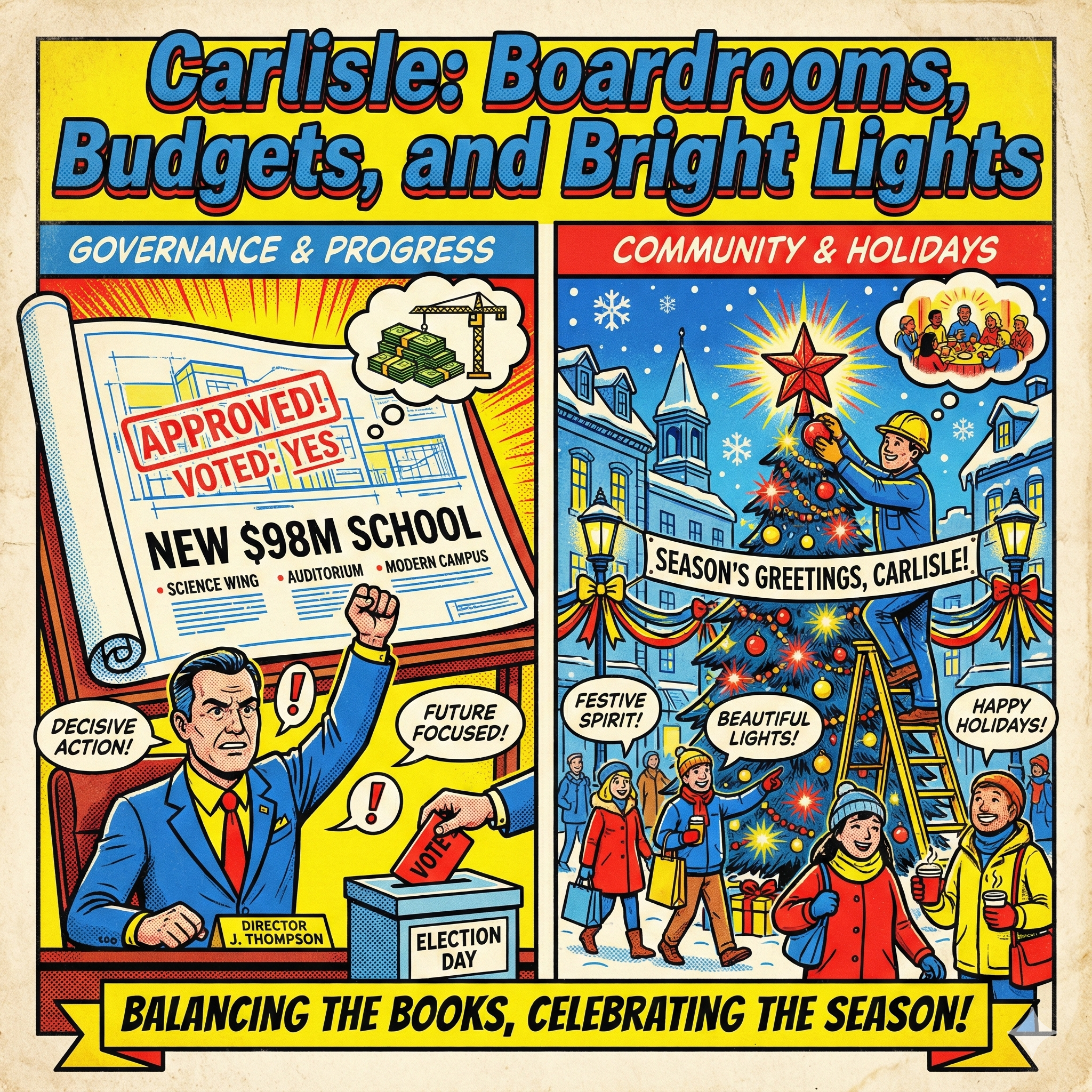 Main article image for Last Week in Carlisle, PA | December 1–7, 2025 | A Week of Change: New Leaders, $98M School Plans, and Holiday Joy of a split scene down the middle. On the left side, show a serious cartoon school director raising a hand to vote next to a giant blueprint labeled "New $98M School." On the right side, illustrate a cheerful, cold Carlisle town square with twinkling red and yellow holiday lights and a municipal worker hanging an ornament. Use a bold, comic-style headline overlaying the image that reads: "Carlisle: Boardrooms, Budgets, and Bright Lights" - Carlisle News - Awesome Carlisle - Carlisle PA News