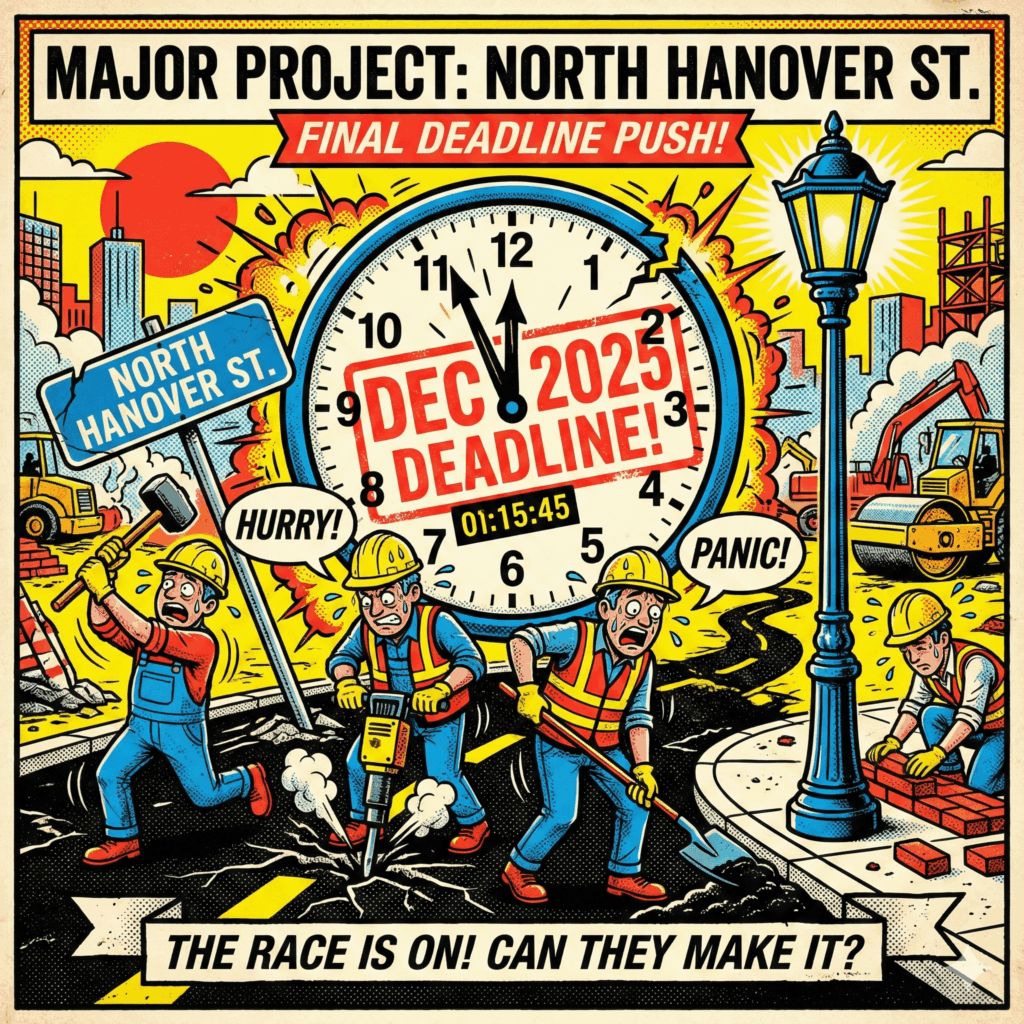 Section image for Major North Hanover Street Project Hits Final Deadline Push of a frantic cartoon construction crew working on a road sign labeled "North Hanover St." A large clock face is visible, showing the time running out toward the "December 2025 Deadline." The crew looks highly stressed, with sweat beads and speed lines, rushing to complete the paving next to a newly installed municipal element like a sidewalk or decorative lamp - Carlisle News - Awesome Carlisle - Carlisle PA News
