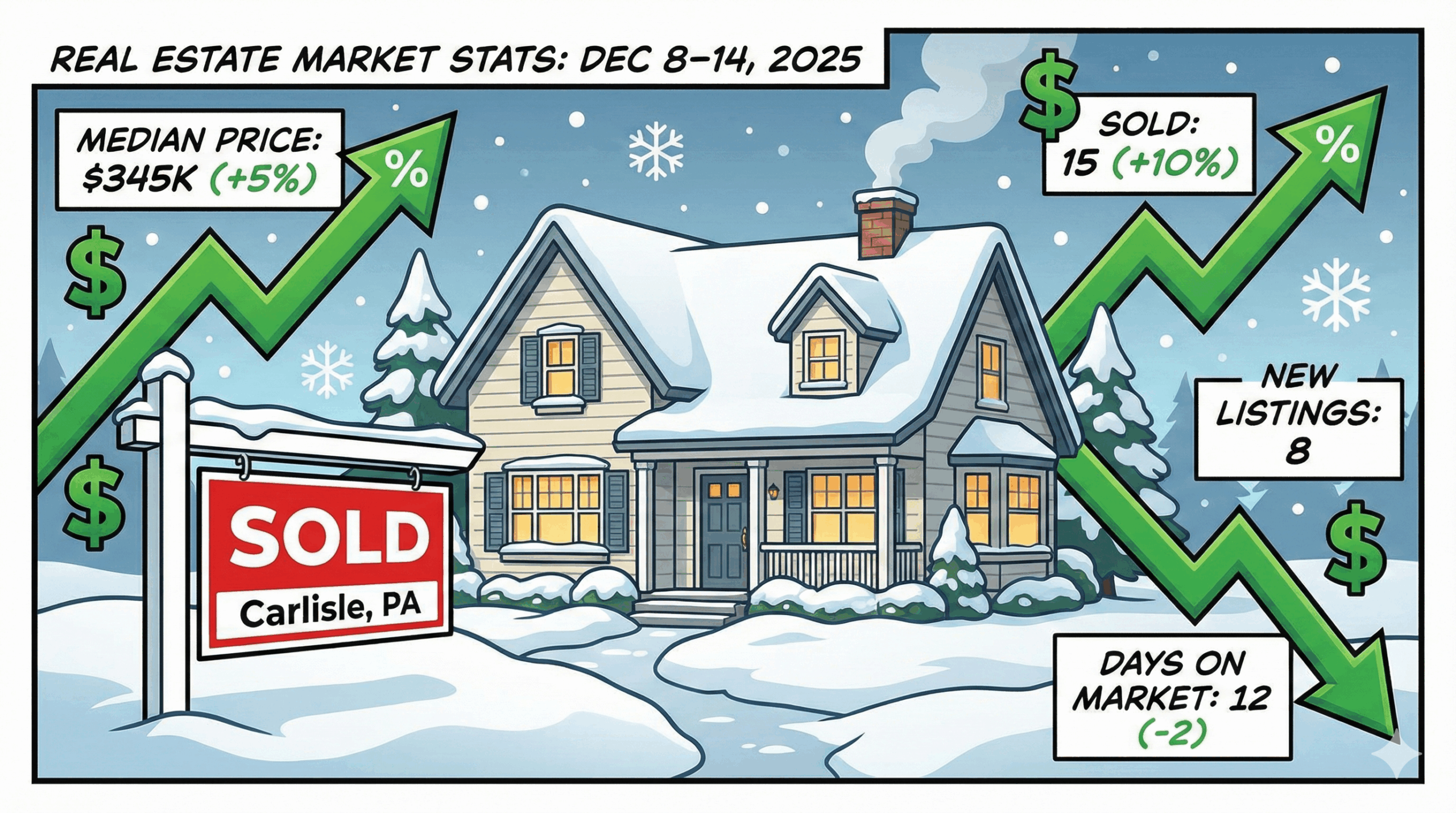 Section image for Real Estate Market Stats: December 8–14, 2025 - Image is of an infographic-style comic panel. A charming suburban house covered in snow. In the front yard, a "SOLD" sign is planted in a snowbank. Floating around the house are stylized graphs with jagged lines (stock market style) and percentage signs. Vibrant green (for money) and snowy white. Clean, bold vector-style graphics - Awesome Carlisle - Carlisle News - Carlisle PA News