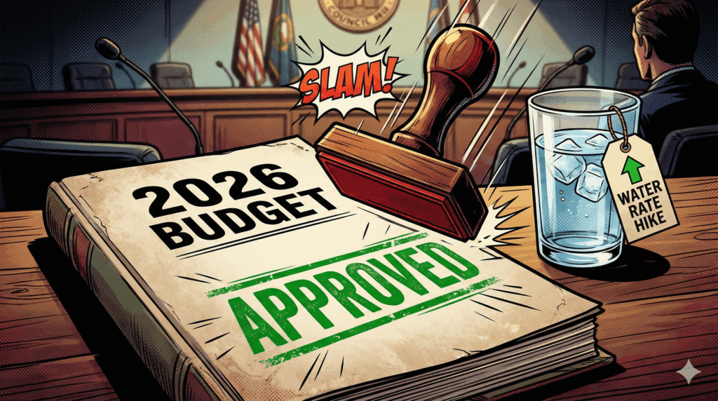 Blog Section Image for Borough Council Passes 2026 Budget with No Tax Increase - image is of graphic novel style close-up of a document labeled "2026 BUDGET" sitting on a desk. A large stamp coming down that says "APPROVED" in bold green letters with "motion lines" to show speed. Beside the document is a glass of water with a price tag attached to it showing an upward arrow, representing the water rate hike. Background is a blur of council chambers - Awesome Carlisle - Carlisle News - Carlisle PA News
