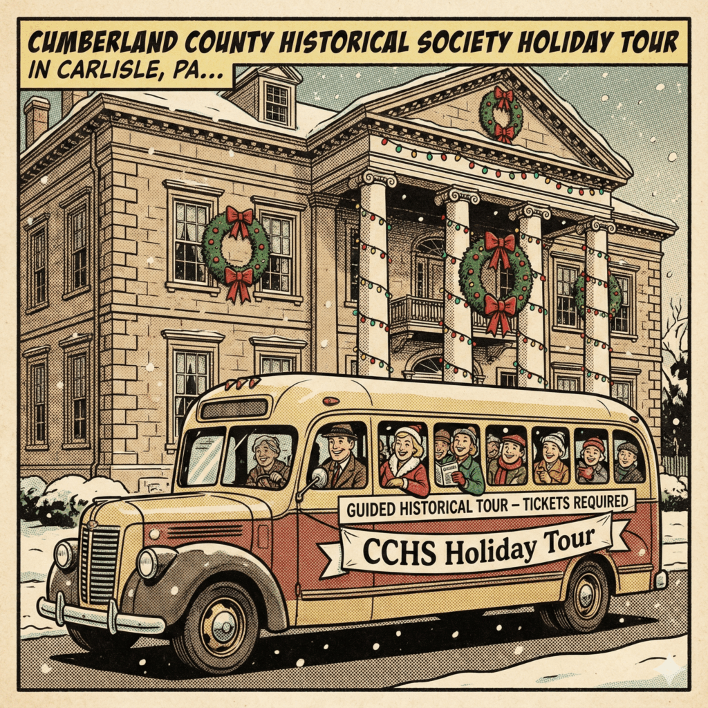 Section image for Regional Event - Historical House Tour of a vintage-style tour bus (labeled "CCHS Holiday Tour") driving slowly past a stately, historic county mansion decorated for the holidays. The bus windows show smiling, eagerly watching passengers, emphasizing the structured, guided nature of the ticketed historical tour - Awesome Carlisle! - Carlisle, PA News - Carlisle News