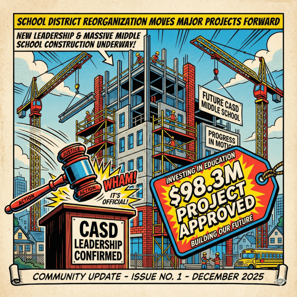 Section Image for School District Reorganization Moves Major Projects Forward of a cartoon gavel hitting a podium labeled "CASD Leadership Confirmed." Directly behind the podium, rising high above the scene, illustrate a modern, multi-story school building under construction, using scaffolding and cranes. Image is overlayed with a large, bold price tag graphic that says "$98.3M Project Approved" to emphasize the cost and scale. - Carlisle News - Awesome Carlisle - Carlisle PA News