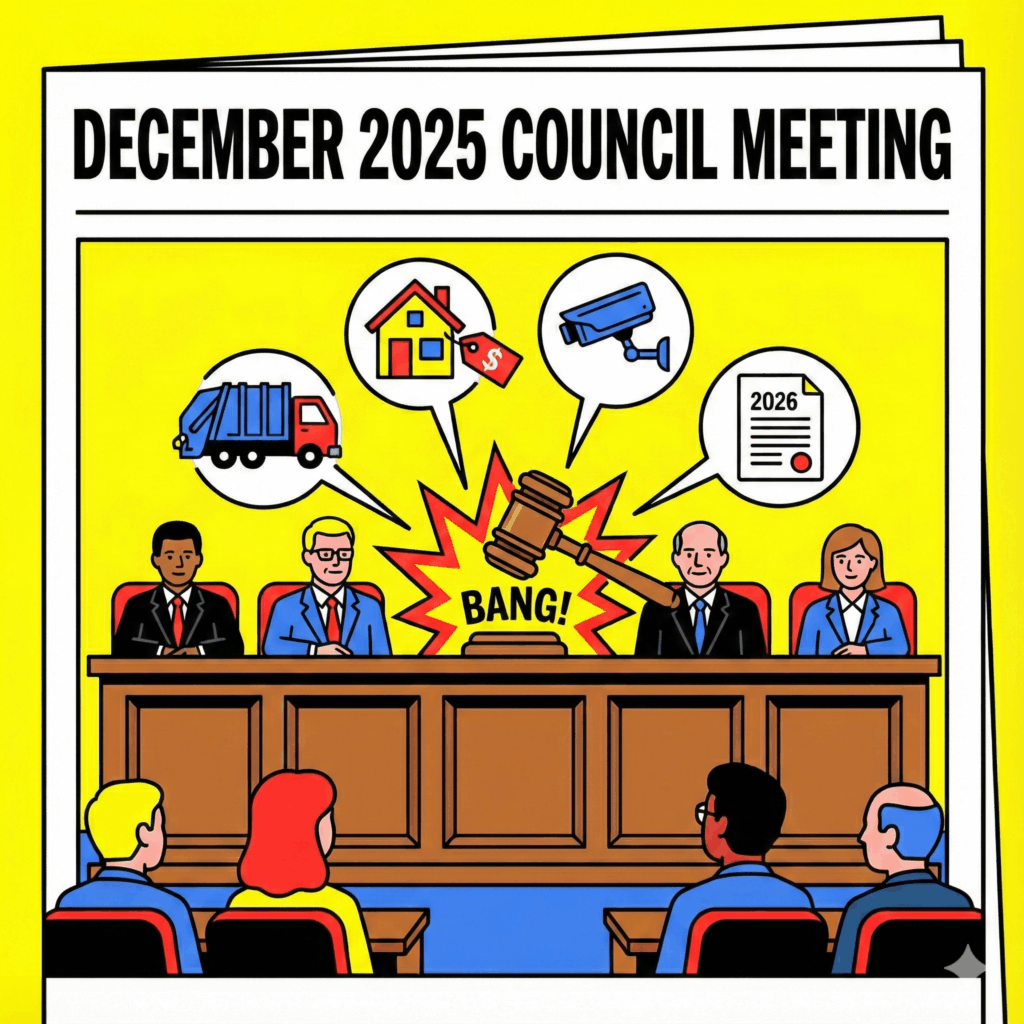 Main Article Header Image of a newspaper comic style illustration of a busy Borough Council meeting table. In the center, a wooden gavel is hitting a desk. Surrounding the gavel are floating icons representing the meeting topics: a garbage truck, a house with a price tag, a security camera, and a document marked "2026" - December 11, 2025 Carlisle Borough Council Meeting - Carlisle News - Awesome Carlisle - Carlisle PA News