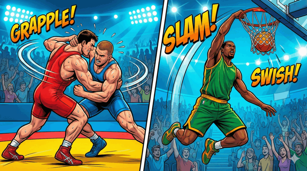 Section image for Wrestling Classic and Basketball Challenges - Image is of an intense action split-panel. Left side: Two wrestlers grappling on a mat, sweat flying, dynamic motion lines. Right side: A basketball player in a green and gold uniform jumping for a slam dunk. "SWISH" and "SLAM" sound effect text in the background. High energy, muscle definition, bold outlines, vibrant athletic colors - Awesome Carlisle - Carlisle News - Carlisle PA News