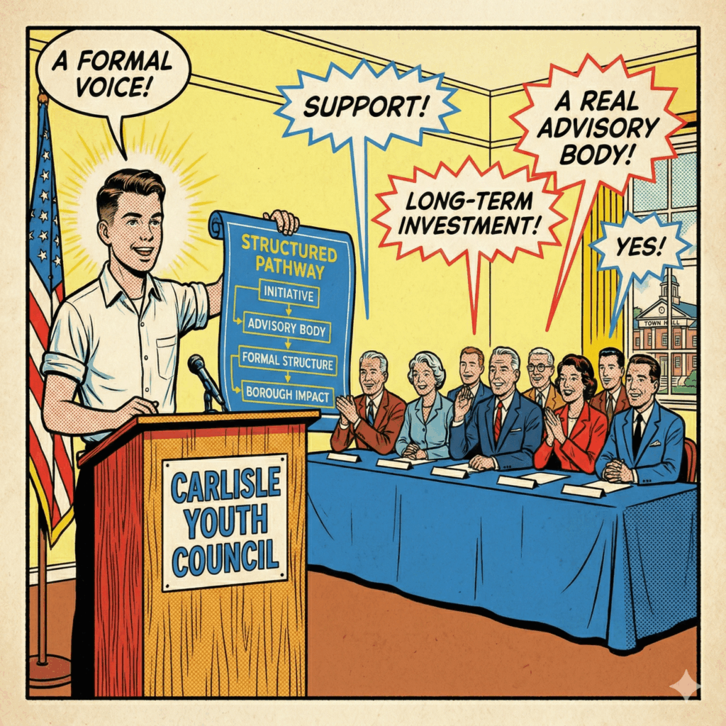 Infographic image in newspaper comic style for The Youth Movement Is Here: The New Carlisle Youth Council - Awesome Carlisle! - Carlisle News - Carlisle, PA News