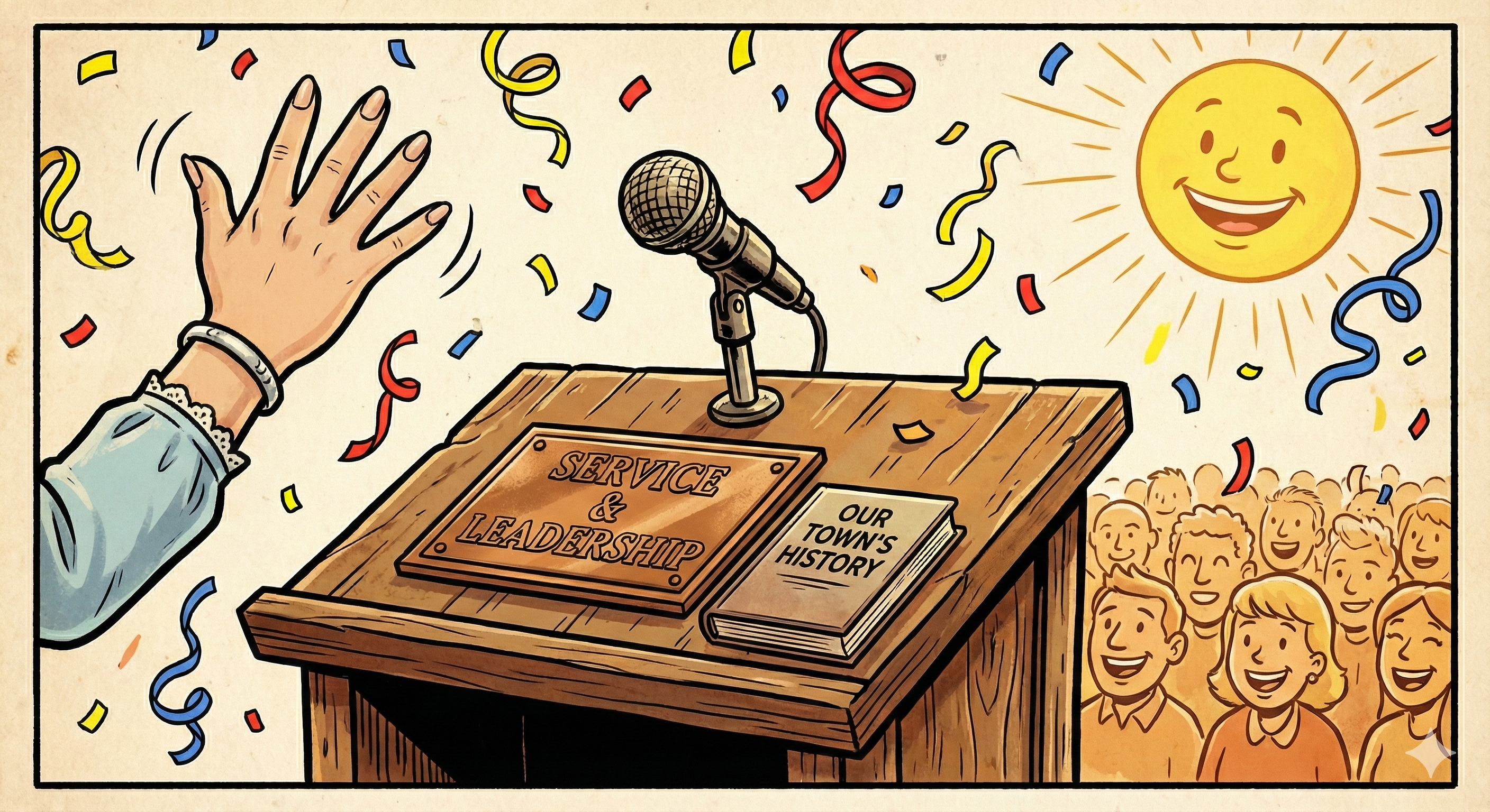 Section image for for A Tearful Goodbye to Deputy Mayor Brenda Landis of A newspaper comic style illustration of a wooden podium with a microphone. Resting on the podium is a commemorative plaque and a small book. A hand is entering the frame from the side in a "waving goodbye" gesture. The mood is celebratory - December 11, 2025 Carlisle Borough Council Meeting - Carlisle News - Awesome Carlisle - Carlisle PA News