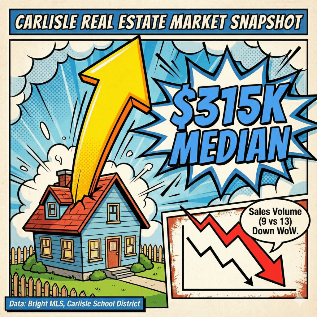 Section image for Carlisle Real Estate Market Snapshot (November 24–30, 2025) of a cartoon two-story house (representing a typical sale). A huge, bold arrow shoots straight up from the house's chimney, symbolizing the sharp price increase. A prominent, dynamic burst shape near the arrow contains the text "$315K MEDIAN" - Awesome Carlisle - Carlisle News - Carlisle, PA