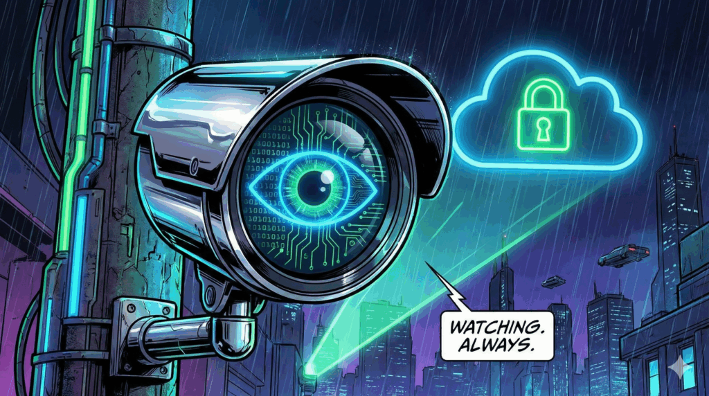 Section image for New Security Cameras Approved Amid Privacy Questions - image is of a high-tech, cyberpunk-inspired comic panel. Close up of a modern security camera lens mounted on a street pole. The lens reflects a digital "eye" or binary code stream. In the background, a stylized cloud icon with a padlock on it represents data privacy. Electric blues, neon greens, and deep blacks. Sharp, angular lines - Awesome Carlisle - Carlisle News - Carlisle PA News