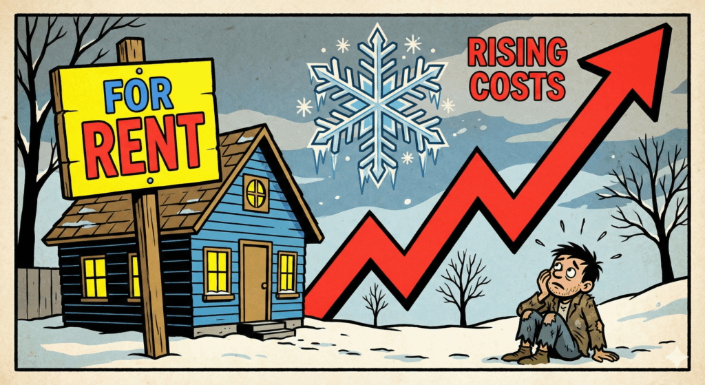 Section image for Struggles with High Rent and Housing of a newspaper comic style illustration showing a small house with a "For Rent" sign. A steep red line graph arrow points sharply upward next to the house to show rising costs. In the background, there is a snowflake symbol to represent the cold weather concerns for unhoused neighbors - December 11, 2025 Carlisle Borough Council Meeting - Carlisle News - Awesome Carlisle - Carlisle PA News