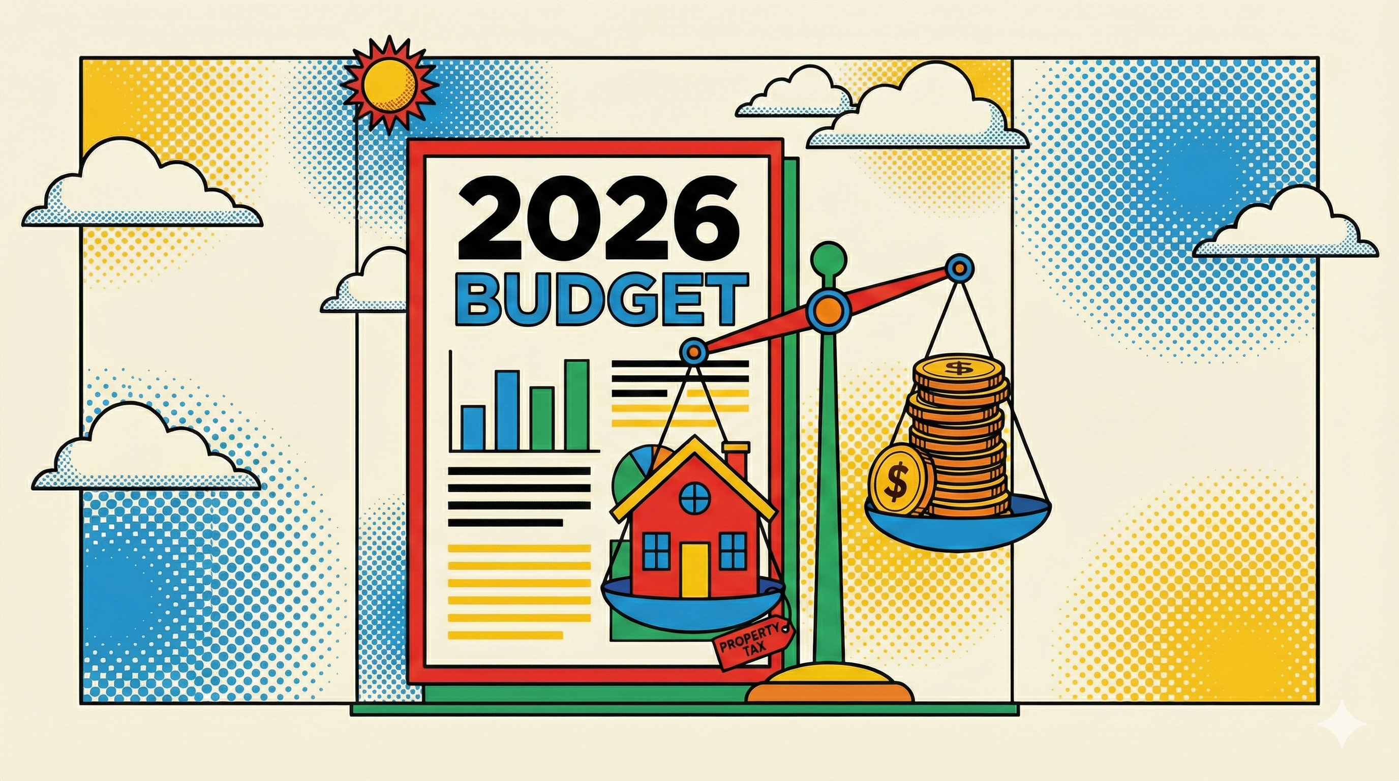 Section Image for The 2026 Budget and Taxes are Set of A newspaper comic style illustration of a large document labeled "2026 Budget." Next to it is a balance scale; on one side is a small house (representing property tax) and on the other side is a stack of coins - December 11, 2025 Carlisle Borough Council Meeting - Carlisle News - Awesome Carlisle - Carlisle PA News