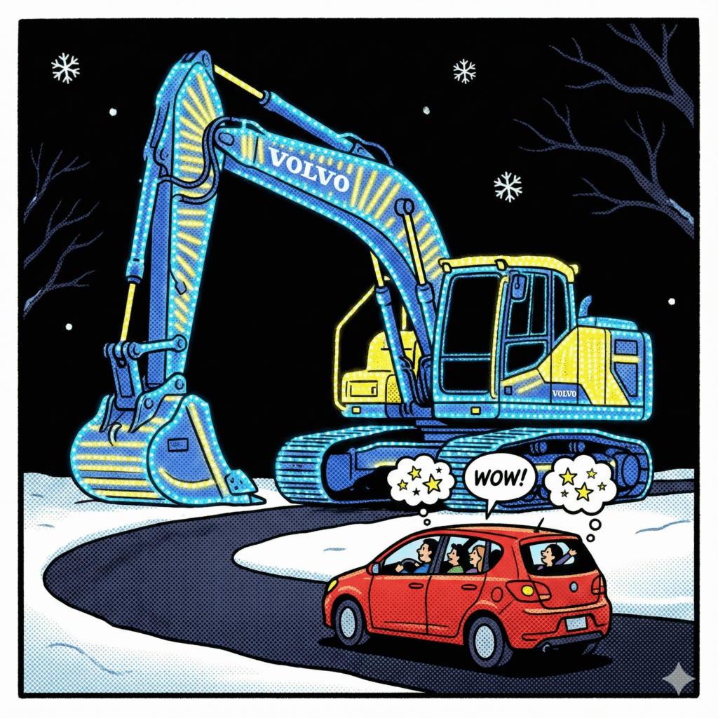 Section image for Shippensburg, PA - Lights, Ballet, and Big Bands of a giant, cartoon-style Volvo Construction Equipment front-loader or excavator, completely outlined and filled with thousands of bright blue and yellow light strings (#4285f4, #f7ff05). A tiny family car is driving through the campus route, heads tilted upward in awe at the illuminated machinery. The night background is stark and dark, contrasting the immense light - Awesome Carlisle! - Carlisle, PA News - Carlisle News