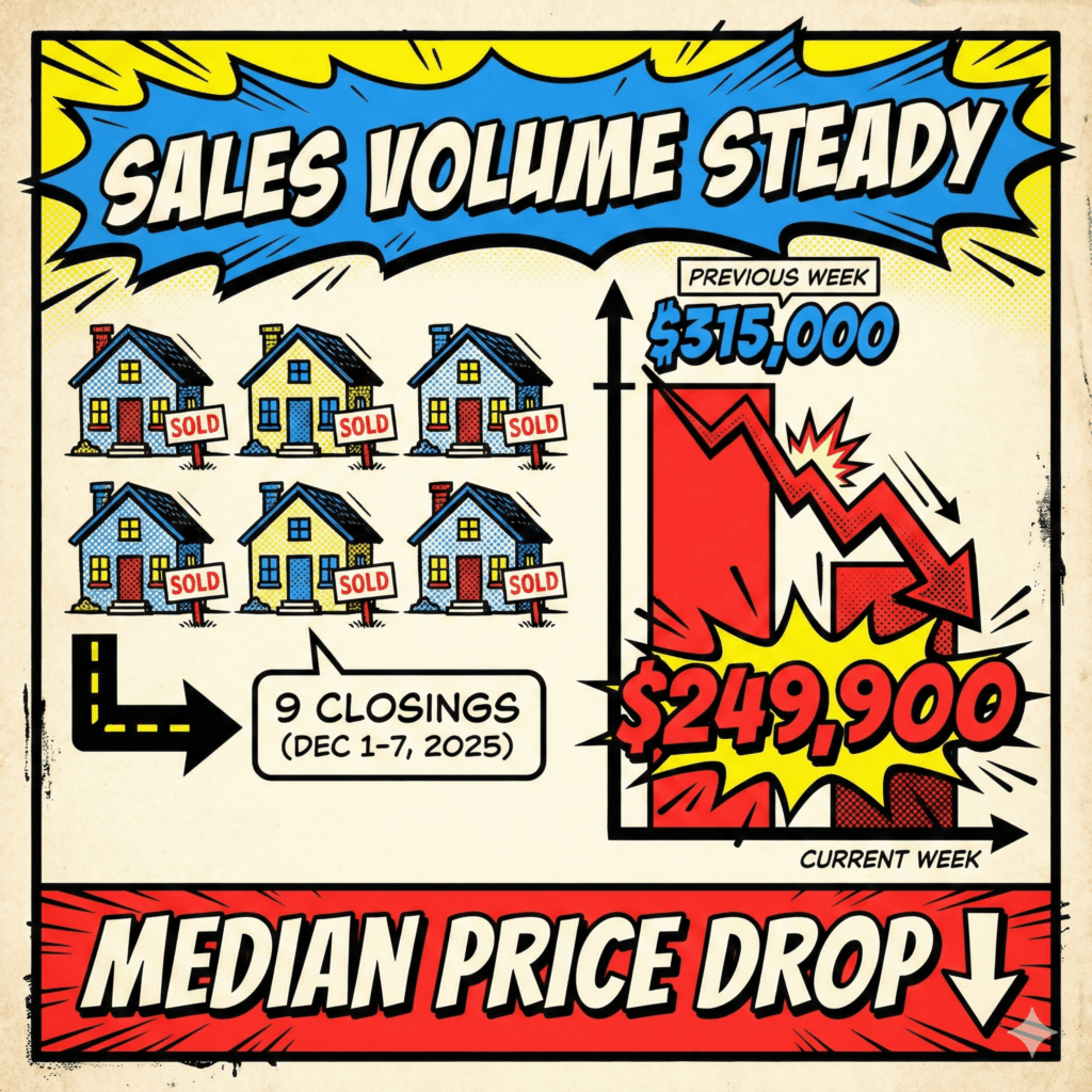 Section image for Carlisle Area Real Estate Market Snapshot: December 1–7, 2025 of a row of nine small, quickly drawn houses (representing 9 sales). Beside them, a red, downward-plunging bar graph showing a sharp decline. The top axis of the graph reads "315,000" and the lowered bottom bar with "249,900". The top reads "Sales Volume Steady" and a caption at the bottom that reads "Median Price Drop" - - Carlisle News - Awesome Carlisle - Carlisle PA News