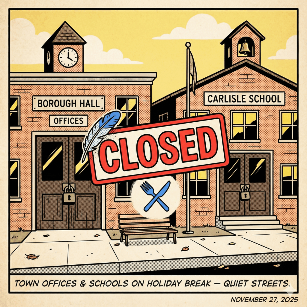 Section image for Our Town Offices and Schools Took Planned Holiday Breaks of A peaceful scene featuring two simple institutional buildings side-by-side (one representing Borough Hall/Offices, the other a school). Both have dark, locked front doors. A prominent sign hangs across both doors labeled 'CLOSED' in thick red outlining. A single cartoon turkey feather or a simple graphic of a fork and knife is visible near the sign, indicating the holiday recess - Awesome Carlisle - Carlisle News - Last Week in Carlisle November 24-30, 2025