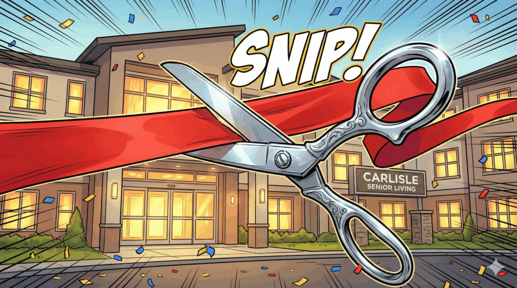 Section image for New Senior Living Facility Opens Its Doors - Image is of an excitement-filled panel featuring a giant pair of silver ceremonial scissors cutting through a bright red ribbon. "SNIP!" sound effect text floating in the air. Behind the ribbon is a modern, welcoming building with warm lights in the windows. Confetti falling in the foreground. Bright, celebratory colors, dynamic composition - Awesome Carlisle - Carlisle News - Carlisle PA News