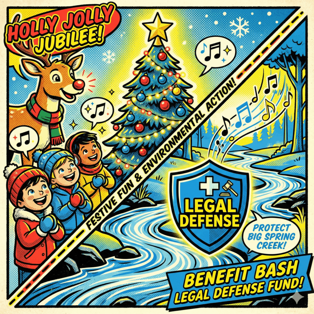 Section image for Festive Fun and Environmental Action Kick Off Our Holiday Season of an image diagonally. One half shows a cartoon reindeer and smiling children looking at a brightly lit Christmas tree (Holly Jolly Jubilee). The other half shows a stylized, pristine stream (Big Spring Creek) overlaid with a thick, blue shield icon and musical notes floating above it, representing the "Benefit Bash Legal Defense Fund" - Carlisle News - Awesome Carlisle - Carlisle PA News