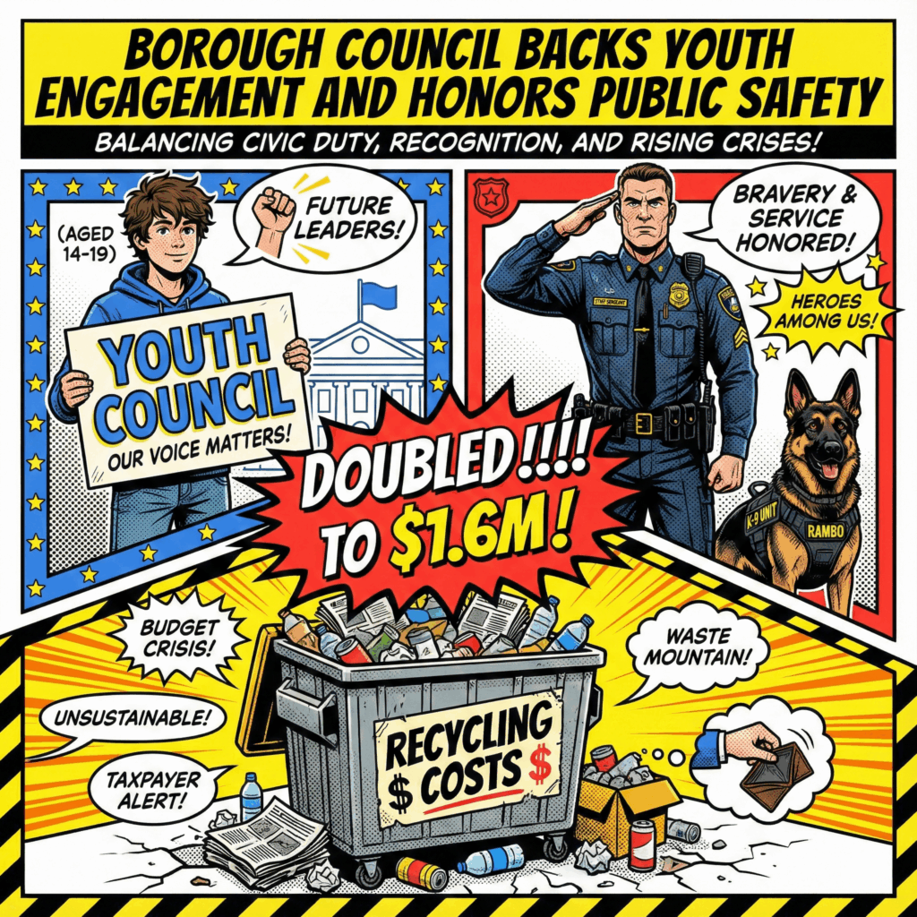 Section image for Borough Council Backs Youth Engagement and Honors Public Safety of a three-part scene - 1) A young person (14-19 years old) holding a sign that says "Youth Council". 2) A proud, stern-looking police staff sergeant and a powerful K-9 dog (Rambo) standing at attention. 3) In the foreground, an overflowing commercial waste bin labeled "Recycling Costs" with a speech bubble above it shouting "DOUBLED TO $1.6M!" - Carlisle News - Awesome Carlisle - Carlisle PA News