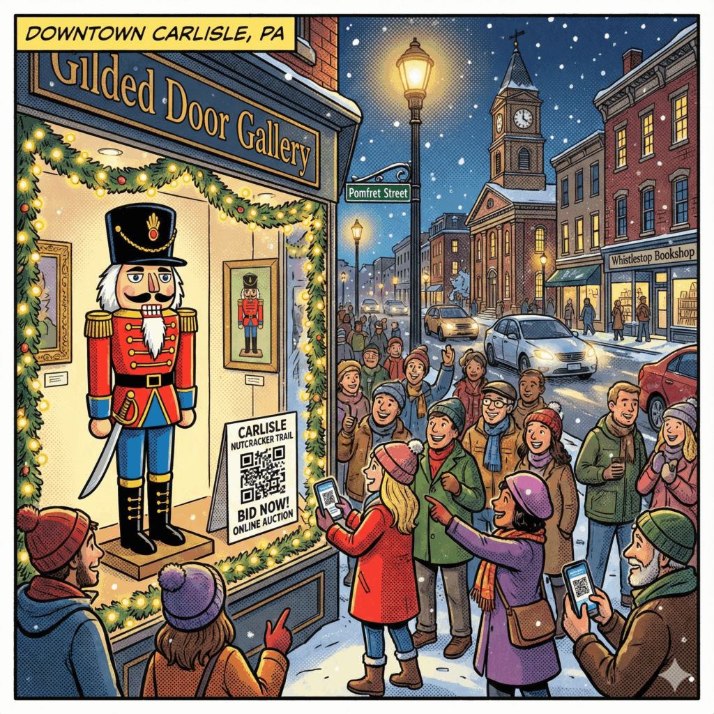 Main article image for Carlisle, PA - Parades, Performances, and Retail of a wide-angle cartoon showing a bustling Downtown Carlisle, pa street scene at night. People are excitedly gathered around a storefront window viewing a tall, brightly painted, flat Nutcracker figure displayed by a local business. A small sign with a visible QR code for the online auction is next to the Nutcracker - Awesome Carlisle! - Carlisle, PA News - Carlisle News