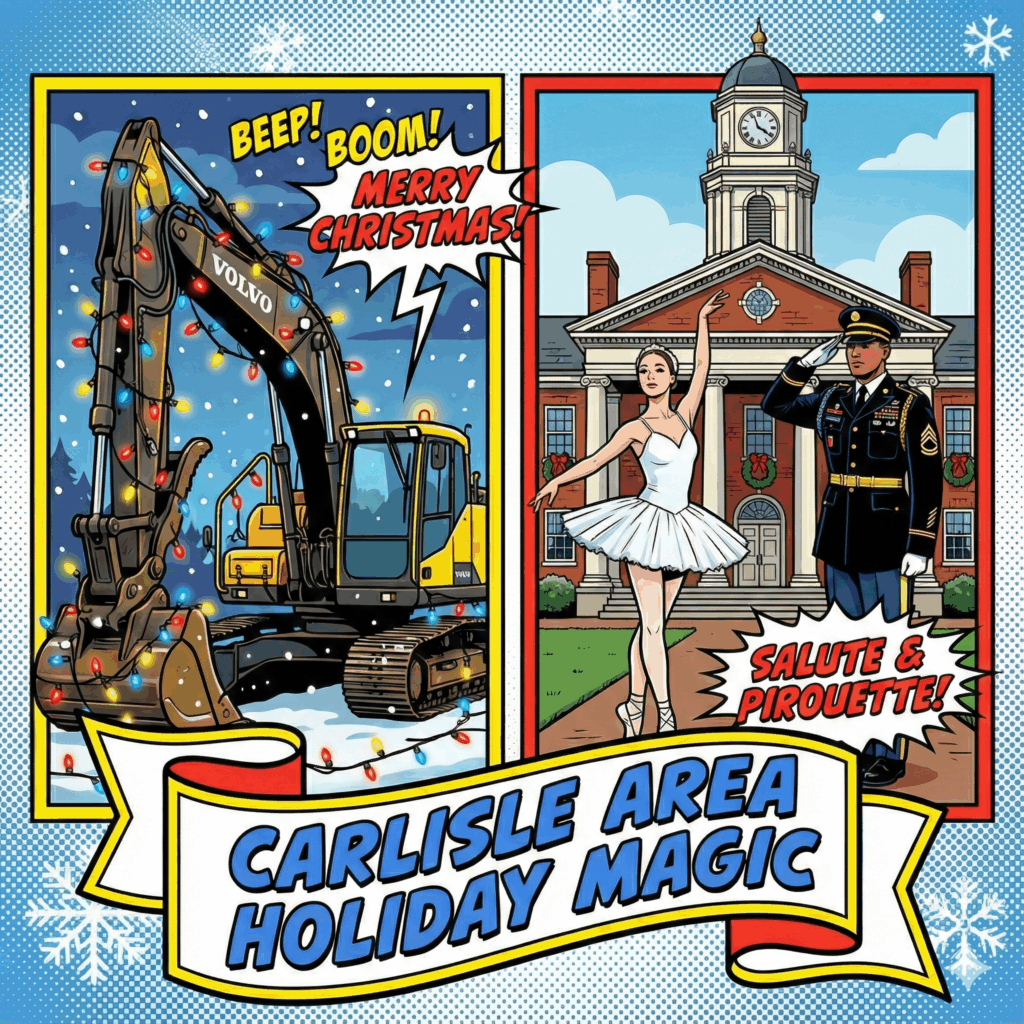 Main article image for Complete Guide to December 2025 Holiday Events in Carlisle, PA and Nearby of a dynamic, split-panel comic illustration symbolizing the diverse region's holiday season. The left panel shows a massive construction machine (Volvo) covered in flashing holiday lights. The right panel shows a ballerina and a figure in military dress standing in front of a historic columned building (Carlisle BarracksMansion). A central banner reads Carlisle Area Holiday Magic - Awesome Carlisle! - Carlisle, PA News - Carlisle News