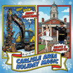 Main article image for Complete Guide to December 2025 Holiday Events in Carlisle, PA and Nearby of a dynamic, split-panel comic illustration symbolizing the diverse region's holiday season. The left panel shows a massive construction machine (Volvo) covered in flashing holiday lights. The right panel shows a ballerina and a figure in military dress standing in front of a historic columned building (Carlisle BarracksMansion). A central banner reads Carlisle Area Holiday Magic - Awesome Carlisle! - Carlisle, PA News - Carlisle News
