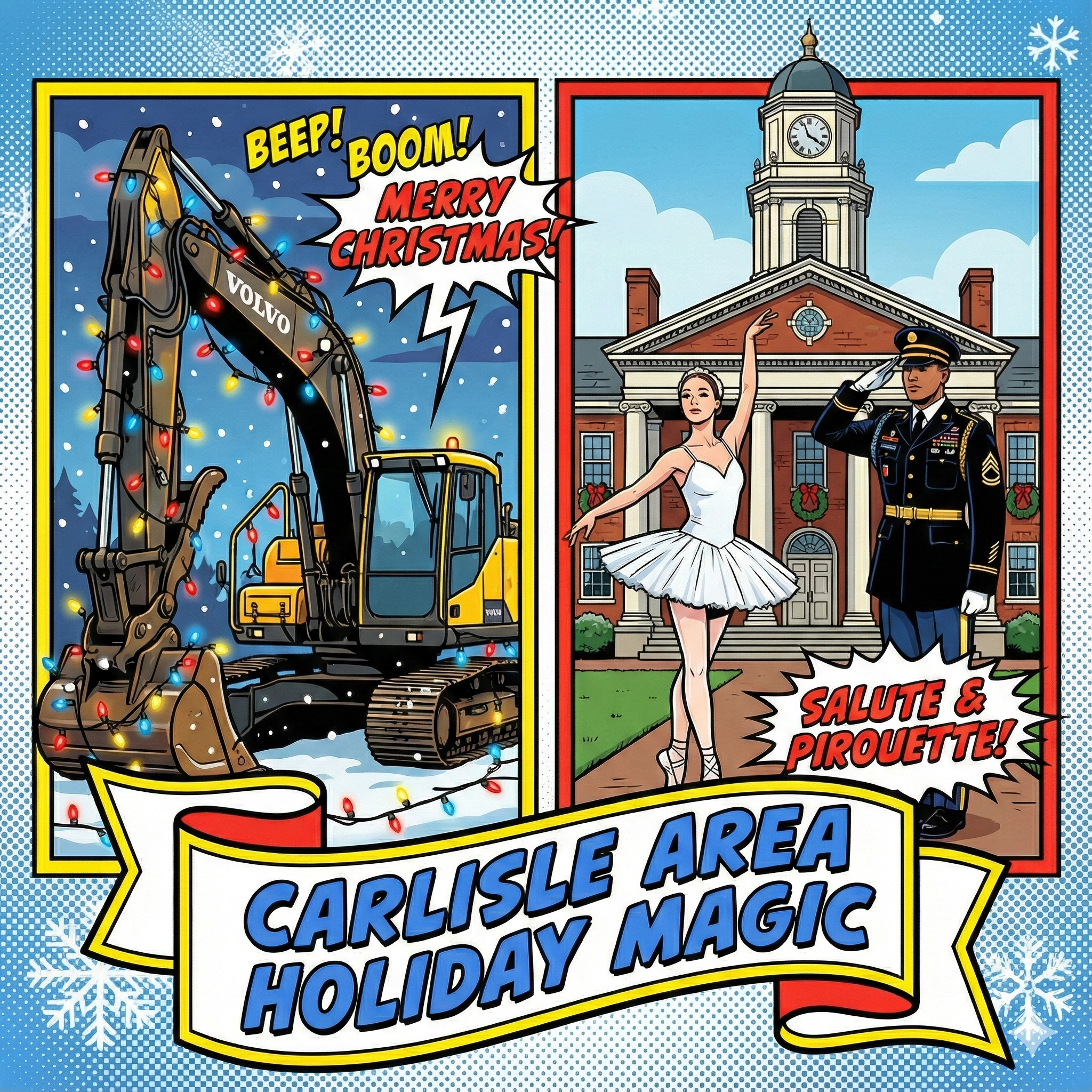 Main article image for Complete Guide to December 2025 Holiday Events in Carlisle, PA and Nearby of a dynamic, split-panel comic illustration symbolizing the diverse region's holiday season. The left panel shows a massive construction machine (Volvo) covered in flashing holiday lights. The right panel shows a ballerina and a figure in military dress standing in front of a historic columned building (Carlisle BarracksMansion). A central banner reads Carlisle Area Holiday Magic - Awesome Carlisle! - Carlisle, PA News - Carlisle News