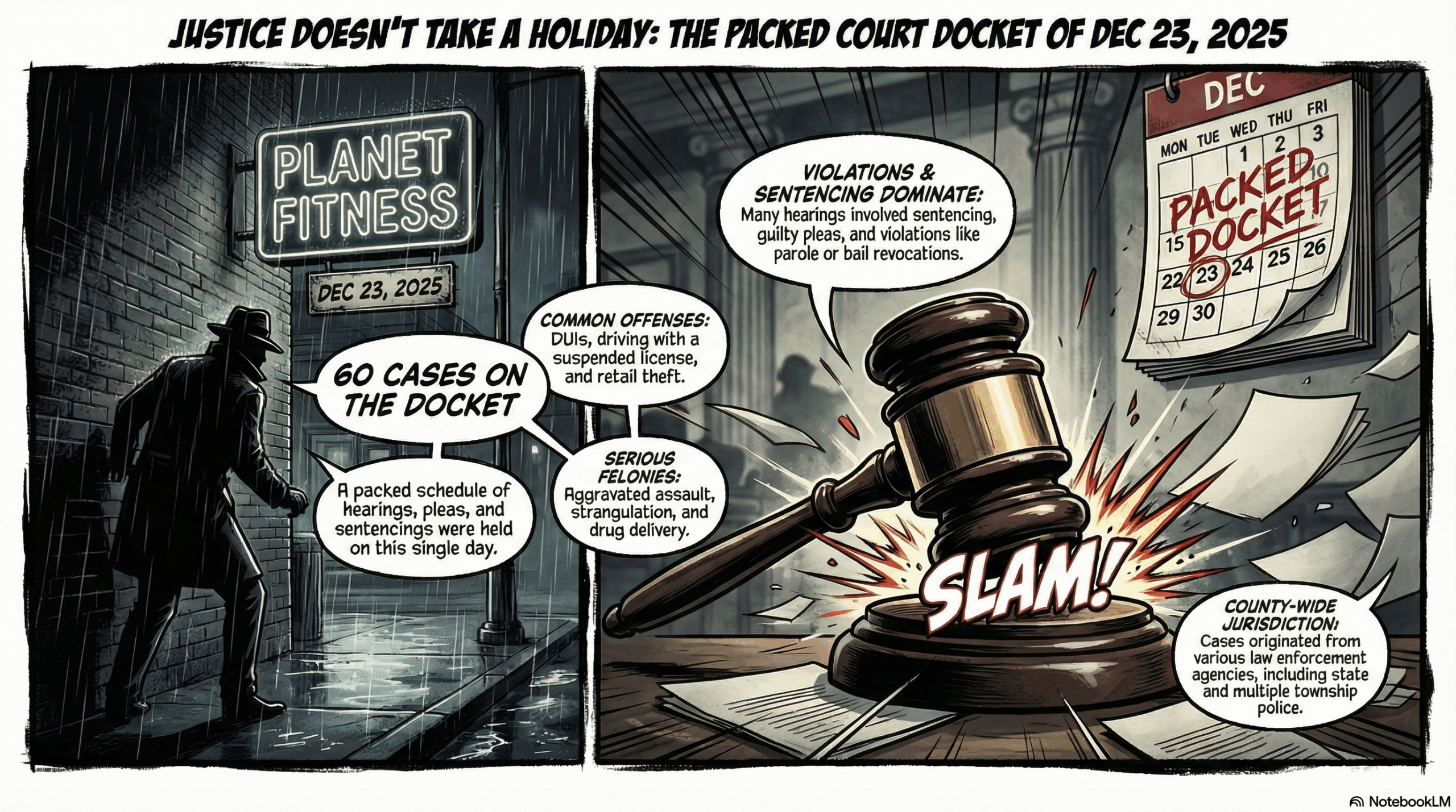 Section image for Police Blotter: Arrests, Thefts, and a Packed Courthouse - image is of A horizontal 16:9 comic strip panel. On the left, a shadowy figure sneaking around a building with a "Planet Fitness" sign. On the right, a close-up of a wooden judge's gavel slamming down on a desk with a "SLAM!" sound effect bubble. A calendar on the wall is circled on "Dec 23" with the text "Packed Docket." Noir-style lighting with deep shadows and high contrast - Awesome Carlisle! - Carlisle News - Carlisle, PA News